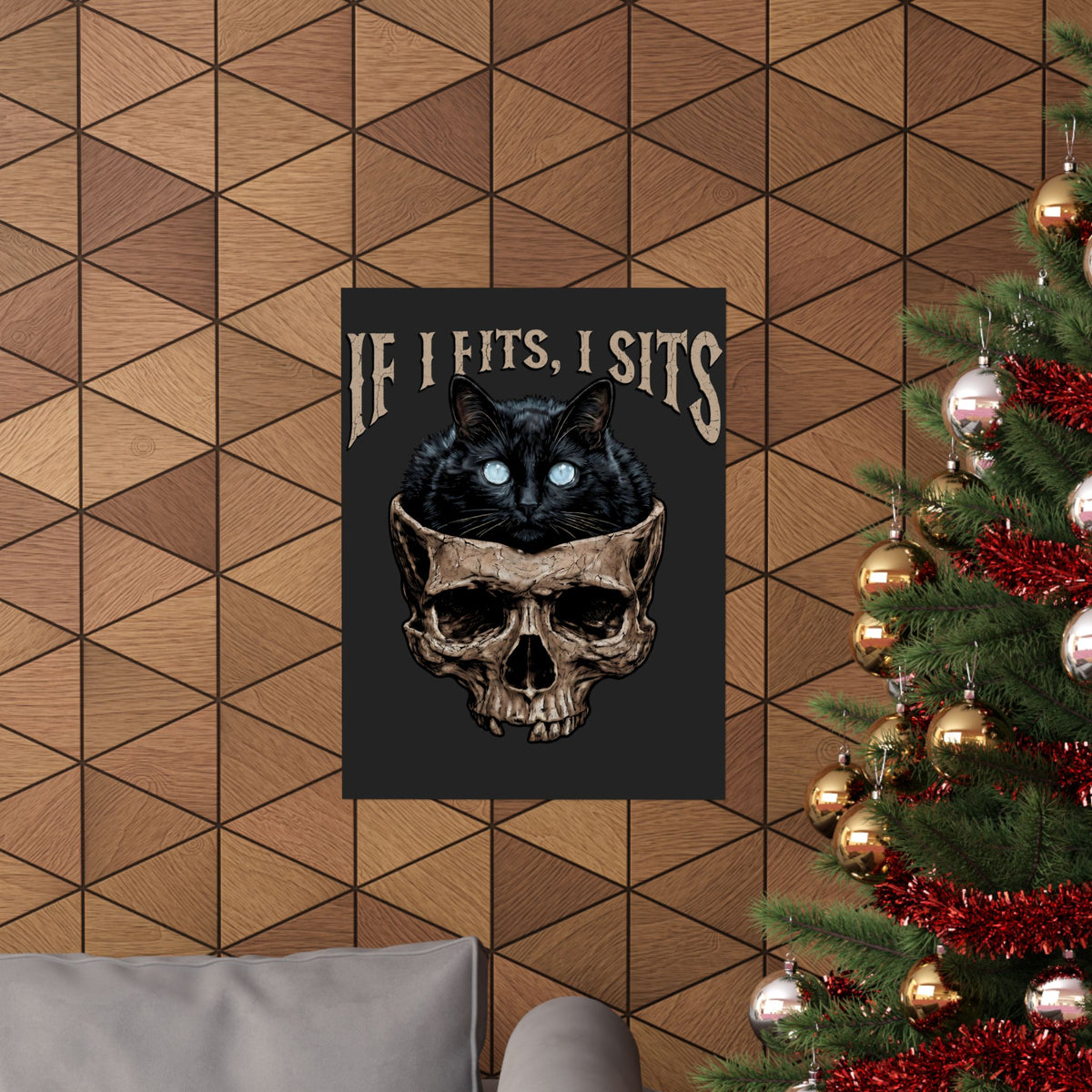 If I Fits I Sits Cat Poster — Funny Gothic Black Cat Skull Graphic