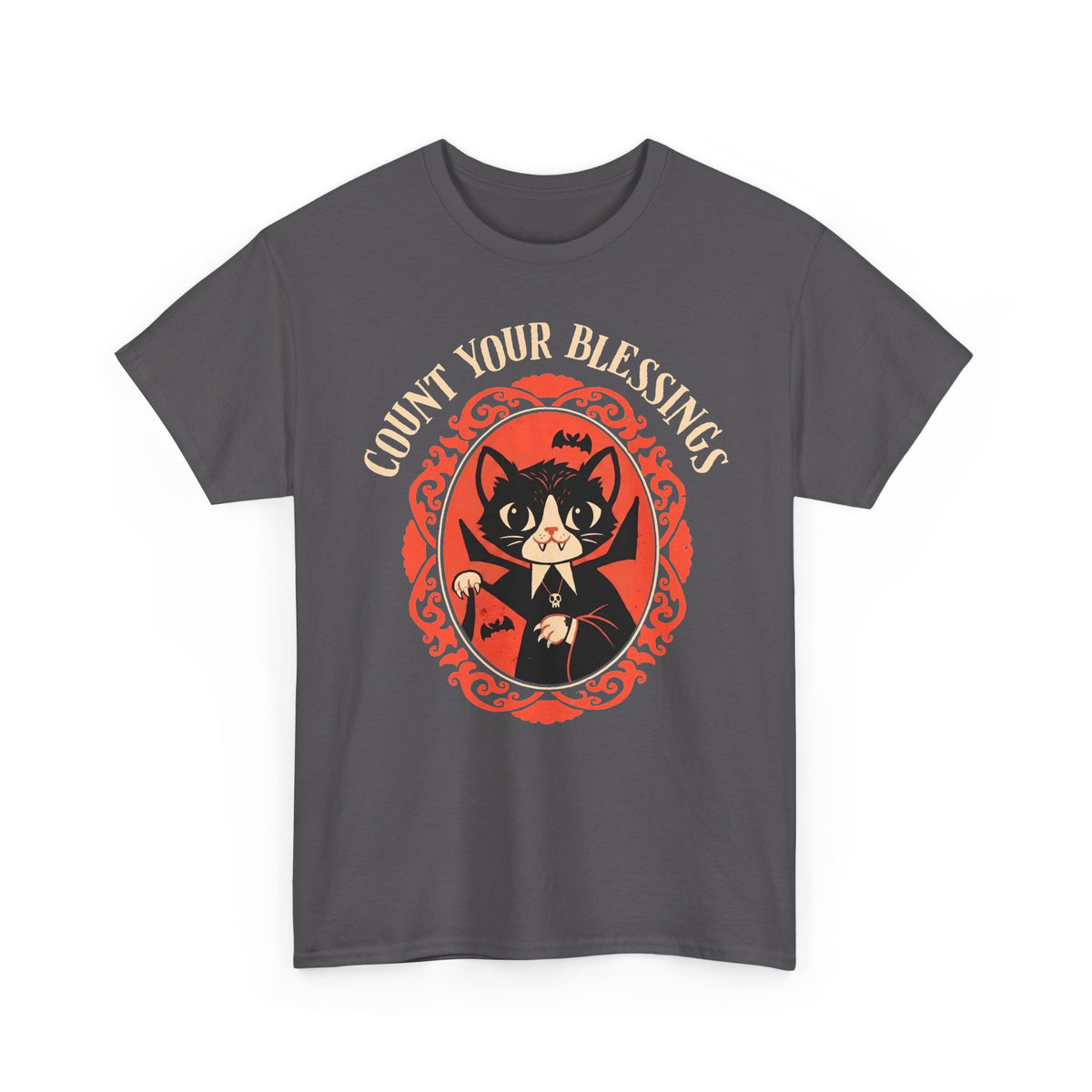Count Your Blessings Vampire Cat — Funny Dracula Halloween Graphic Art
