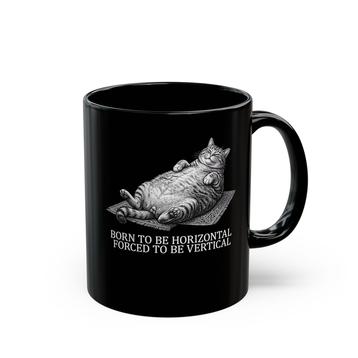 Born to Be Horizontal Fat Cat Black Mug — Funny Lazy Cat Mug