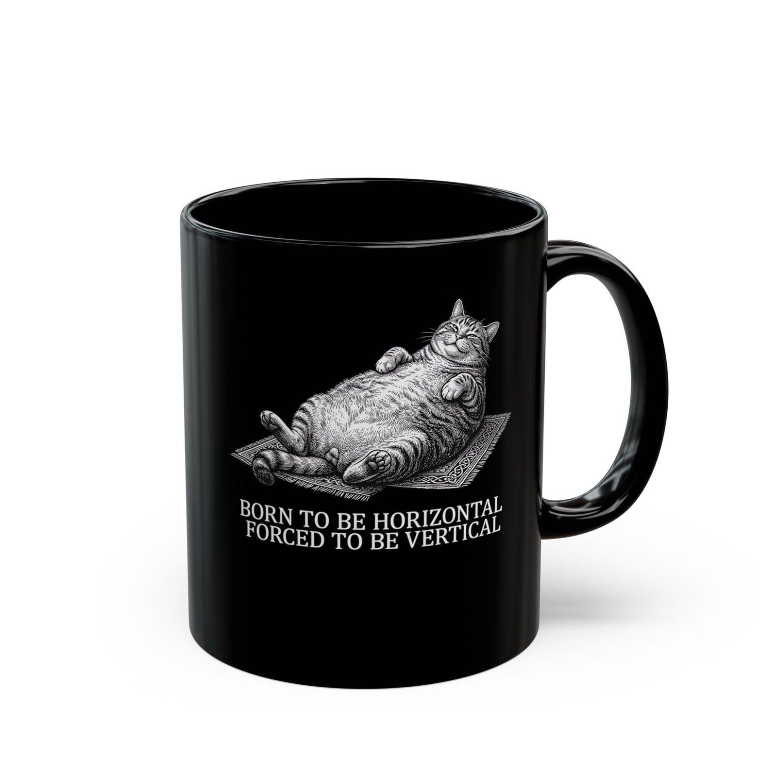 Born to Be Horizontal Fat Cat Black Mug — Funny Lazy Cat Mug
