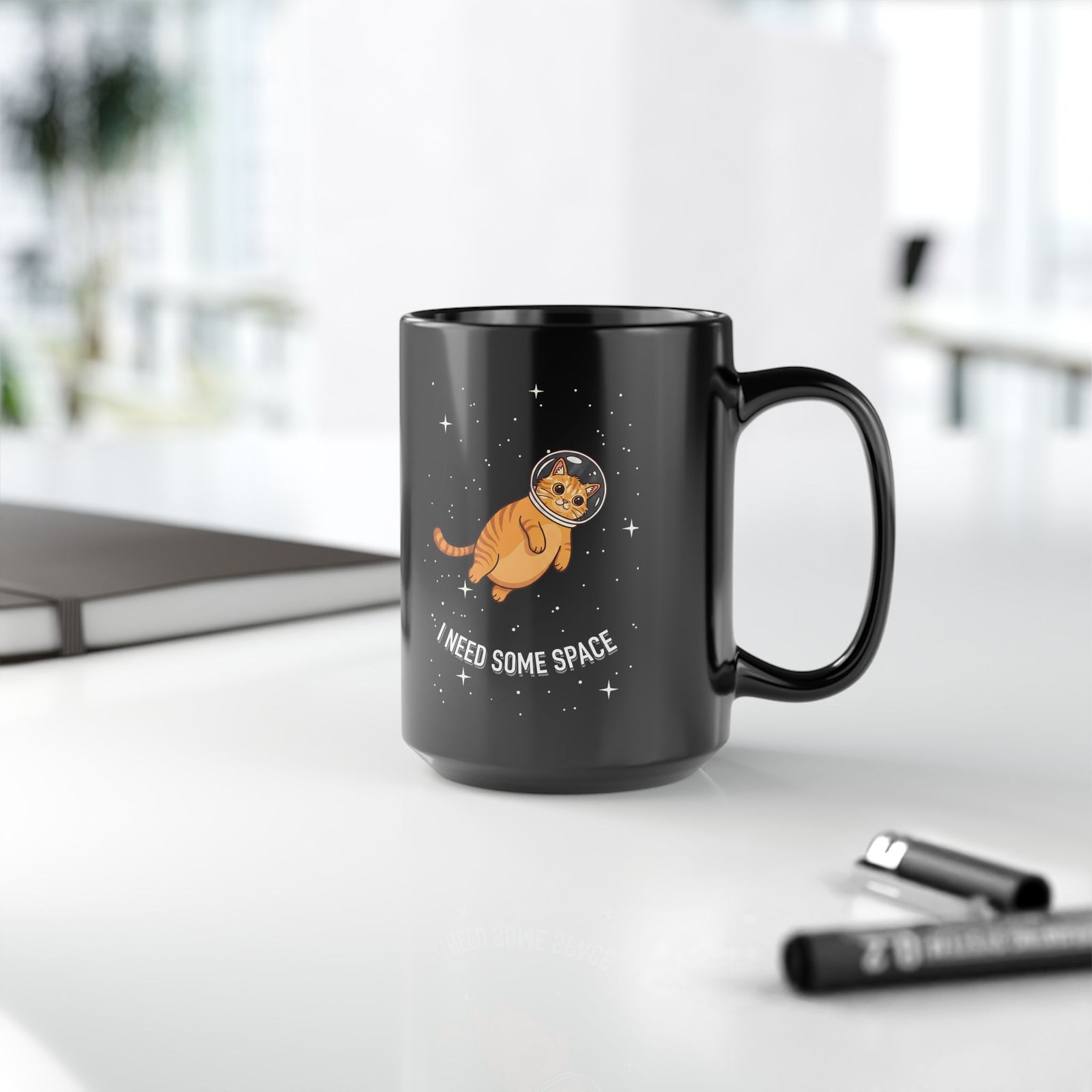 I Need Some Space Cat Black Mug — Cute Astronaut Orange Tabby Feline Mug