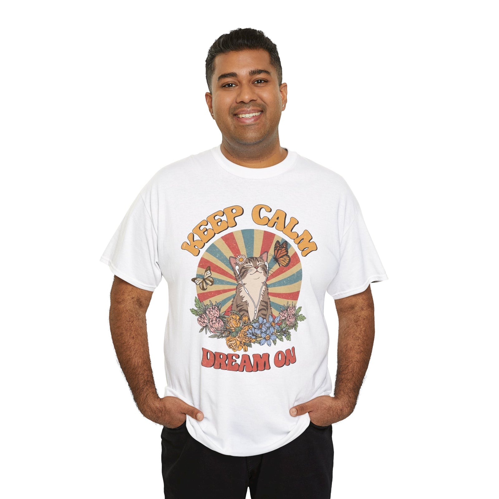Keep Calm Dream On Cat T-Shirt — Retro 70s Hippie Feline Graphic