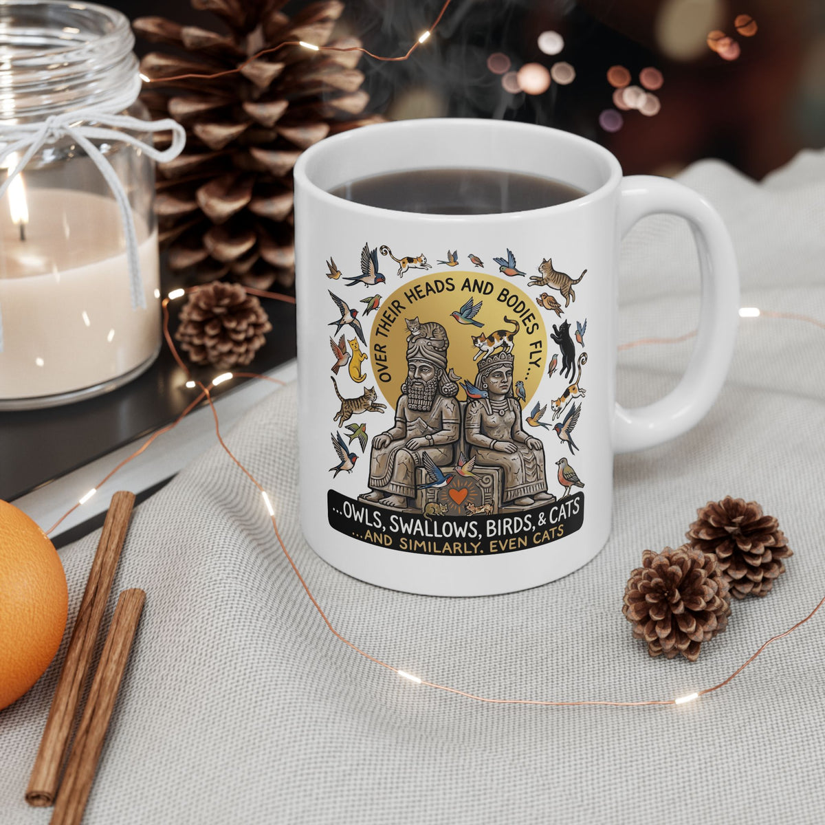Birds & Cats Graphic Ceramic Mug — "Over Their Heads and Bodies Fly"