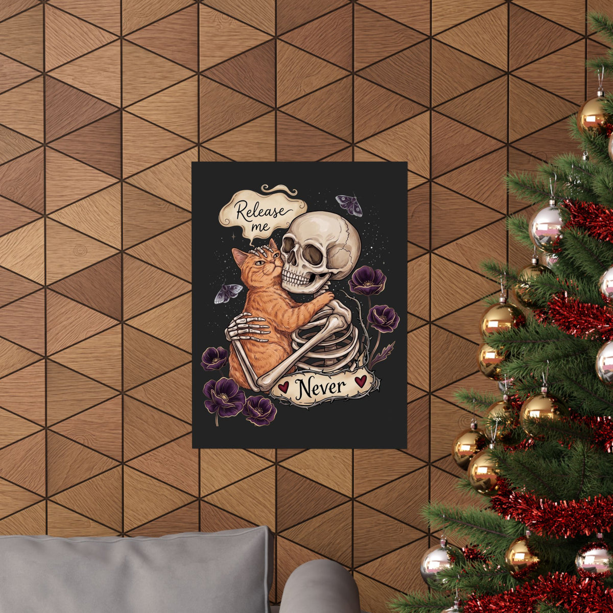 Funny Clingy Skeleton & Cat Poster — Dark Aesthetic Cat Poster