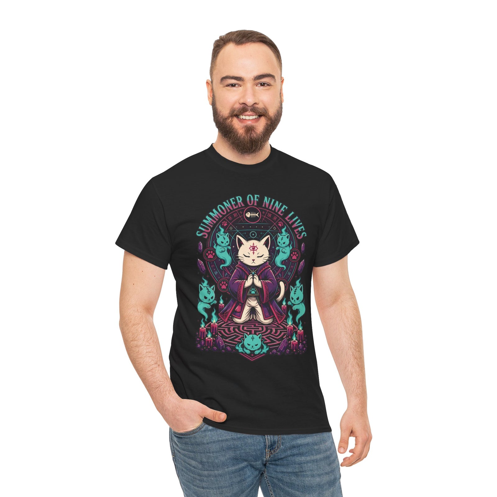 Lucky Cat Mystic Tee — "Catmancer of Nine Lives" Graphic T-Shirt