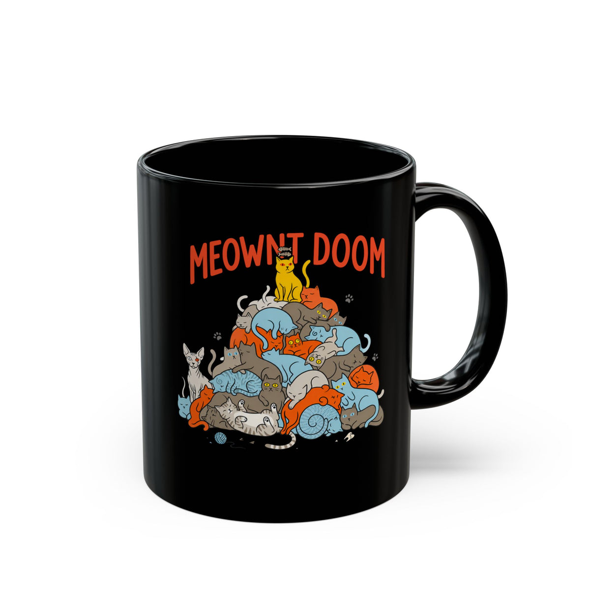 Meownt Doom Black Mug — Funny Cat 'meownt doom' Graphic Mug