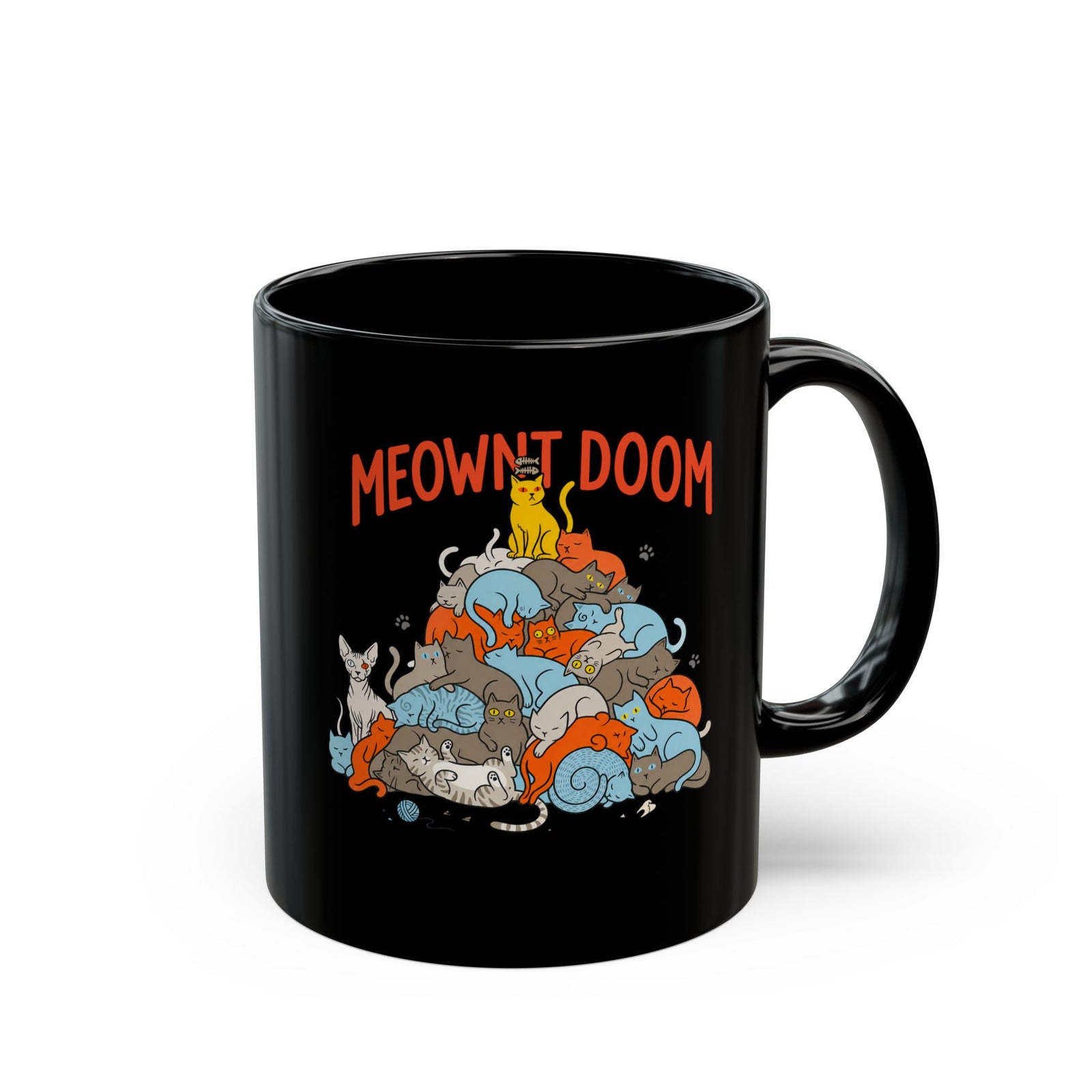 Meownt Doom Black Mug — Funny Cat 'meownt doom' Graphic Mug