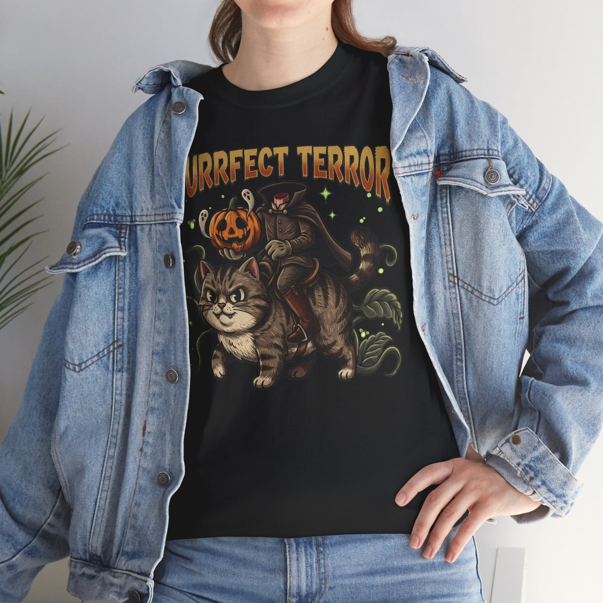 Purrfect Terror Headless Horseman Tabby Cat T-Shirt — Spooky Halloween Tee