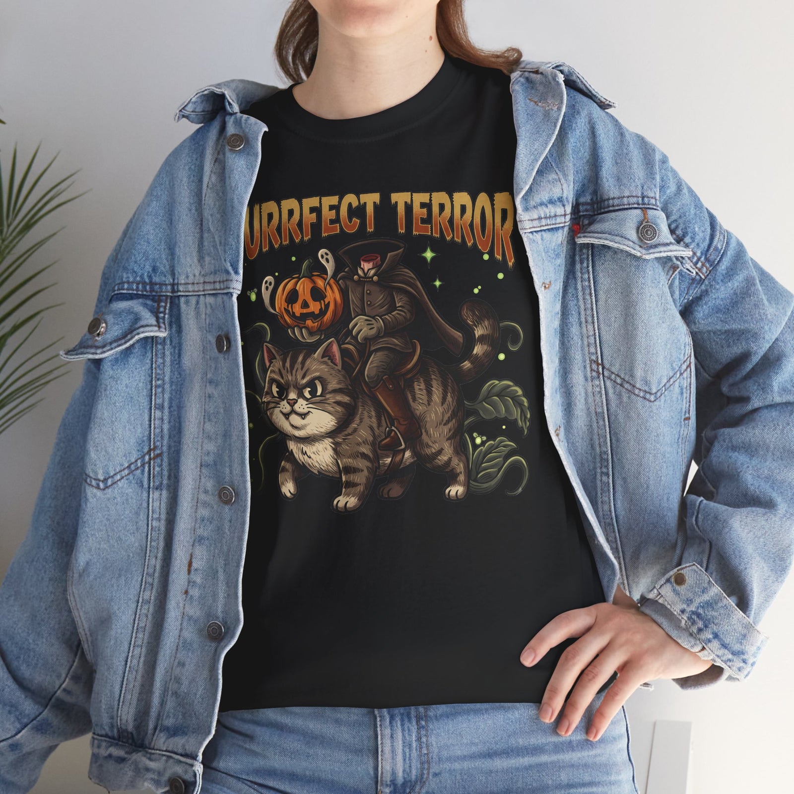 Purrfect Terror Headless Horseman Tabby Cat T-Shirt — Spooky Halloween Tee
