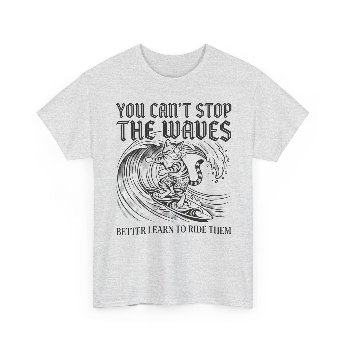 Vintage Surfer Cat T-Shirt — Monochrome Ocean Waves Graphic Tee