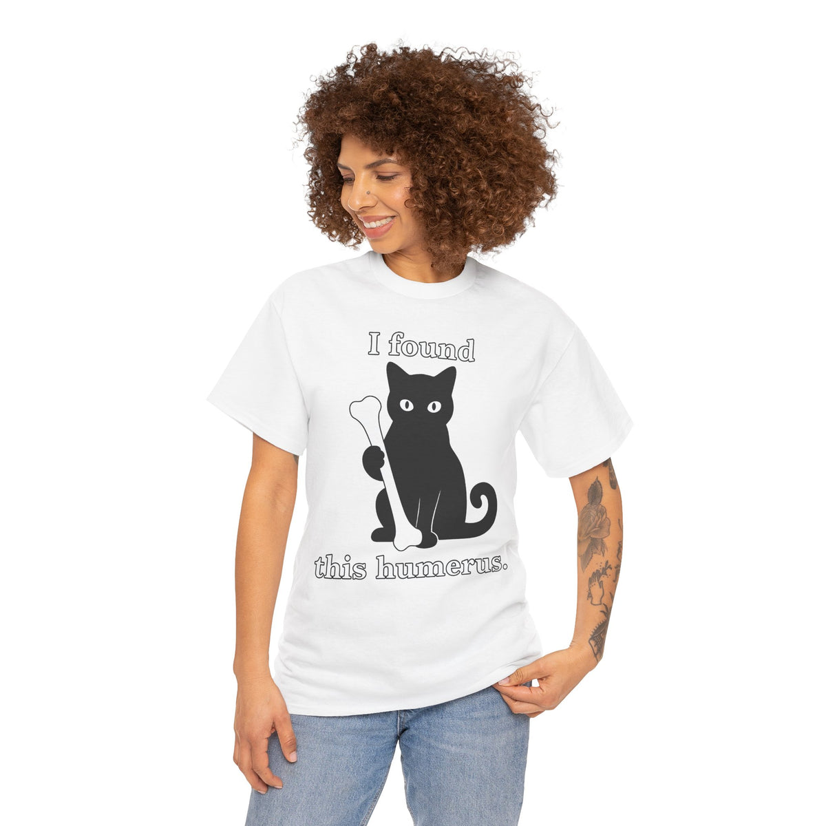 Cat Pun T-Shirt — "I Found This Humerus" Cute Black Cat Holding Bone Tee