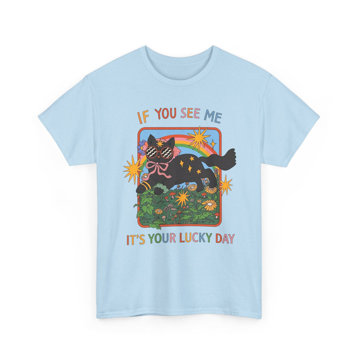 If You See Me It's Your Lucky Day T-Shirt — Retro Groovy Black Cat Rainbow Graphic Tee