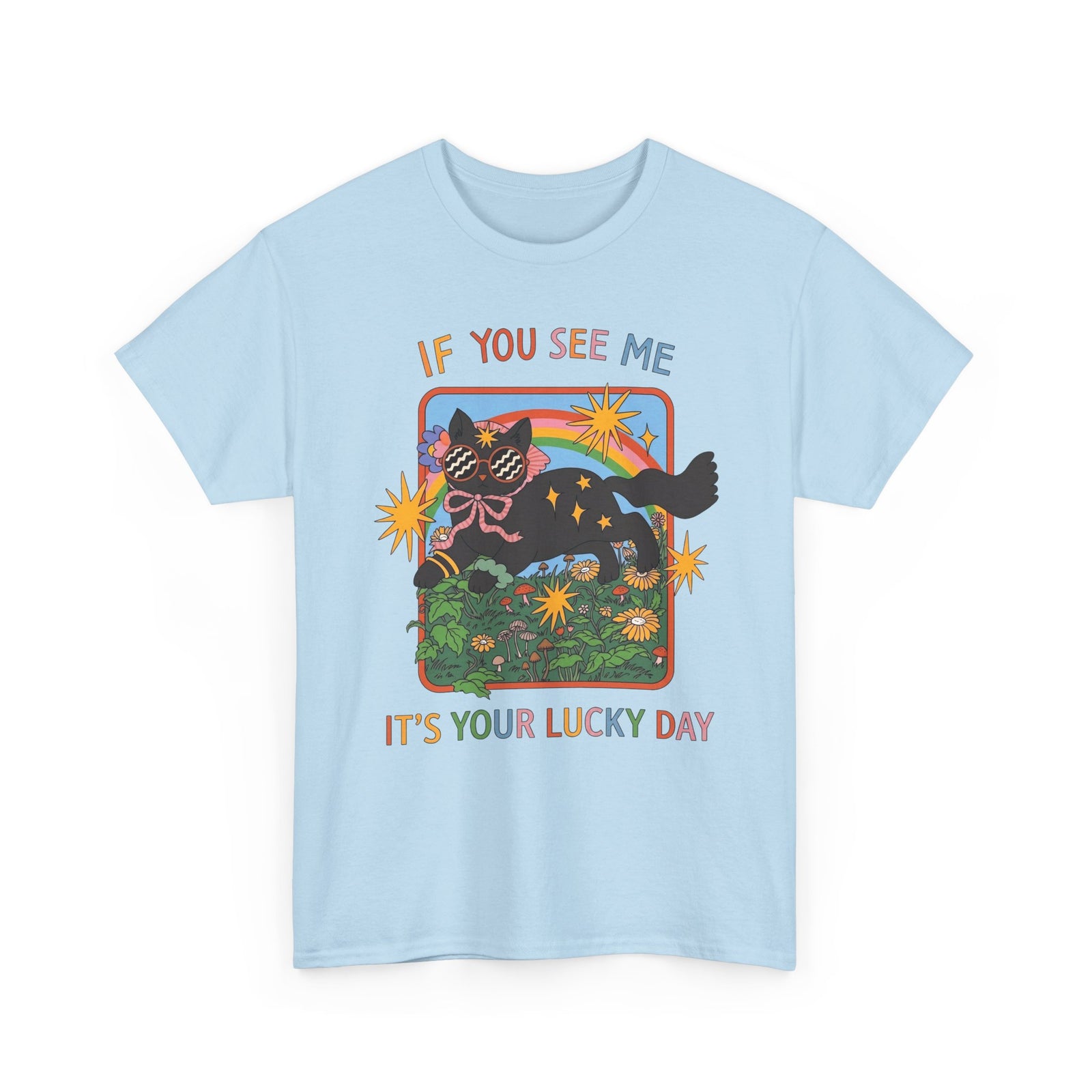 If You See Me It's Your Lucky Day T-Shirt — Retro Groovy Black Cat Rainbow Graphic Tee