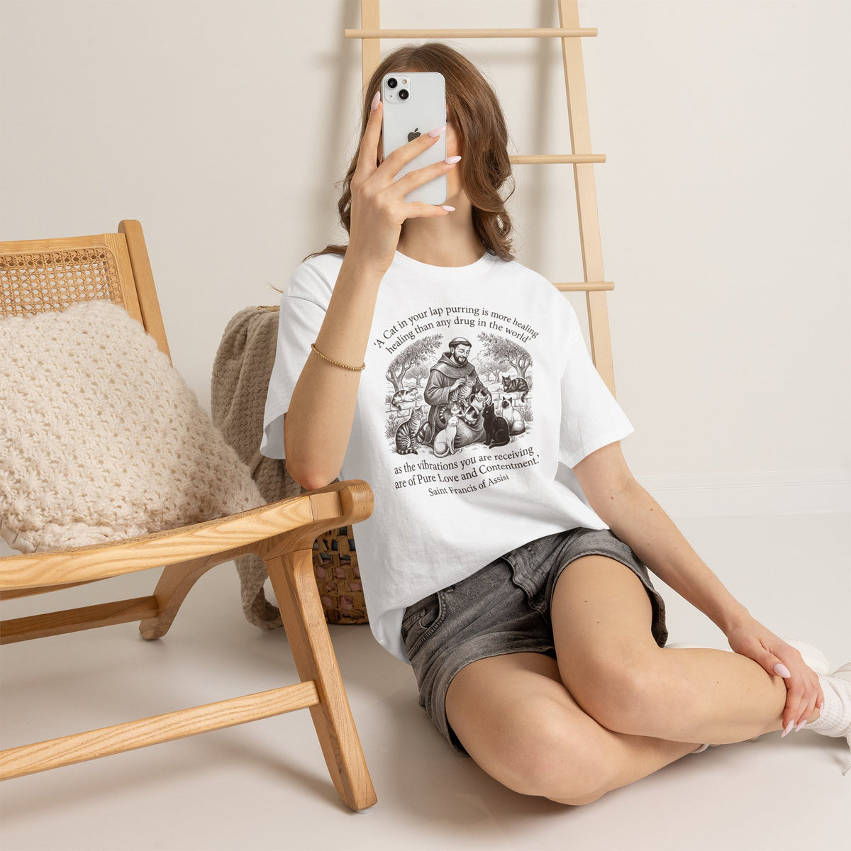 Saint Francis Vintage Graphic Tee — "A Cat in Your Lap Purring" Spiritual Animal Lover Shirt