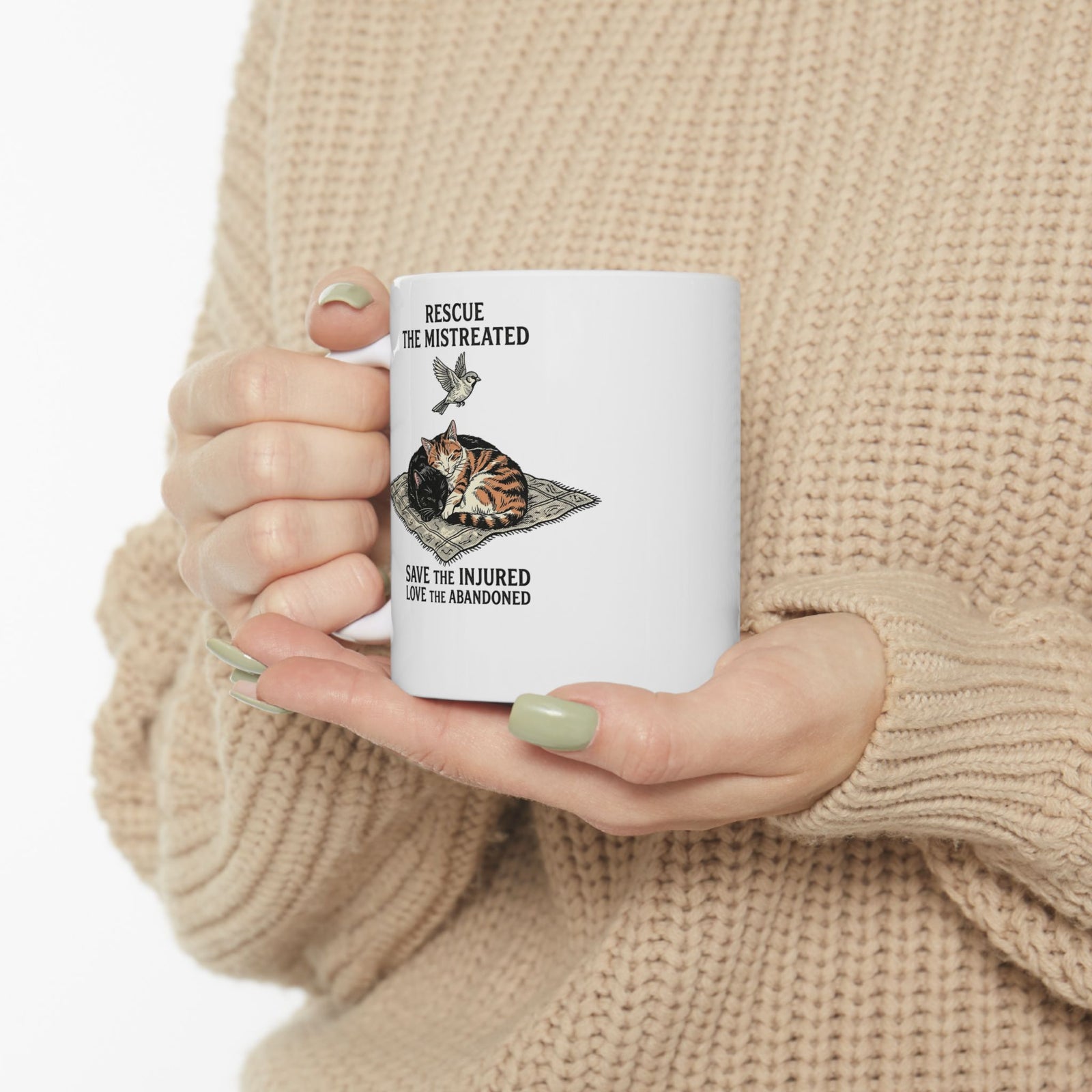 Cat Lover Ceramic Mug — "Rescue the Mistreated, Save the Injured, Love the Abandoned" Rescue Cat Mug