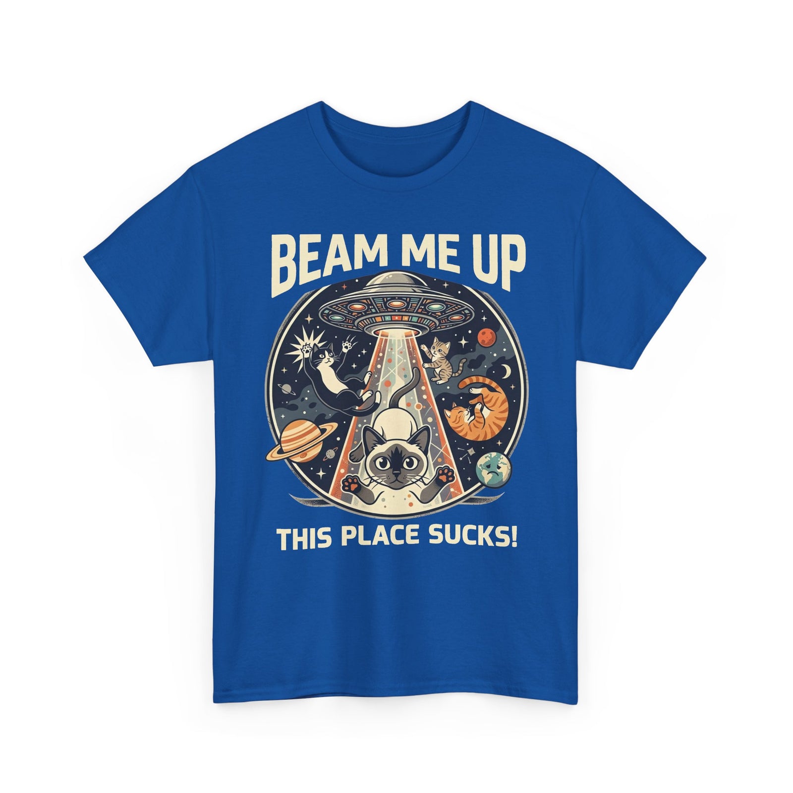 Cat UFO T-Shirt – "Beam Me Up, This Place Sucks" Retro Space Tee