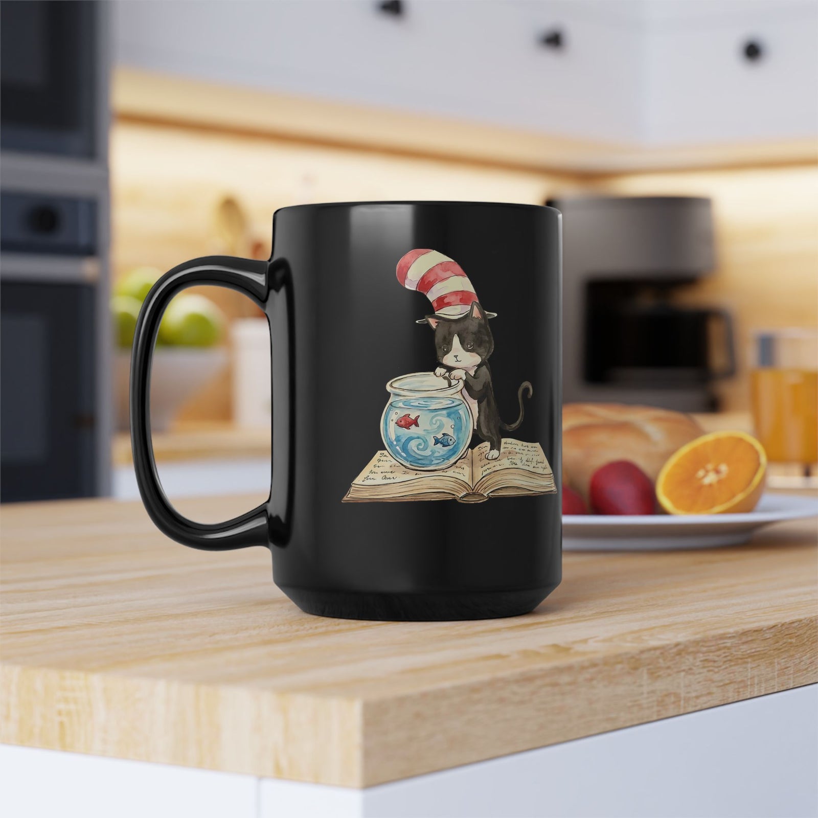 Tuxedo Cat 'Red Fish Blue Fish' Black Mug