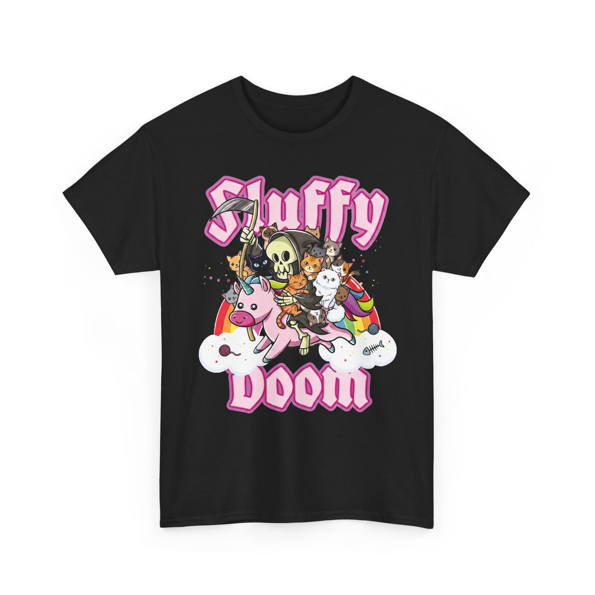 Sluffy Doom Grim Reaper Riding Unicorn T-Shirt — Pastel Goth Cat Tee