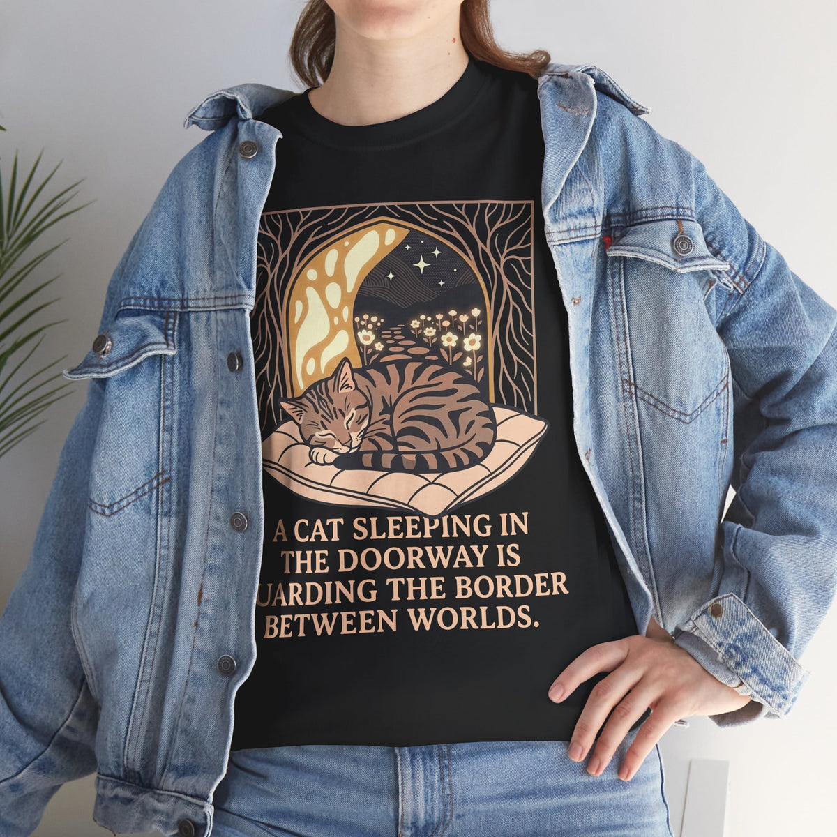 Mystical Cat Sleeping in the Doorway T-Shirt — "Guarding the Border Between Worlds"