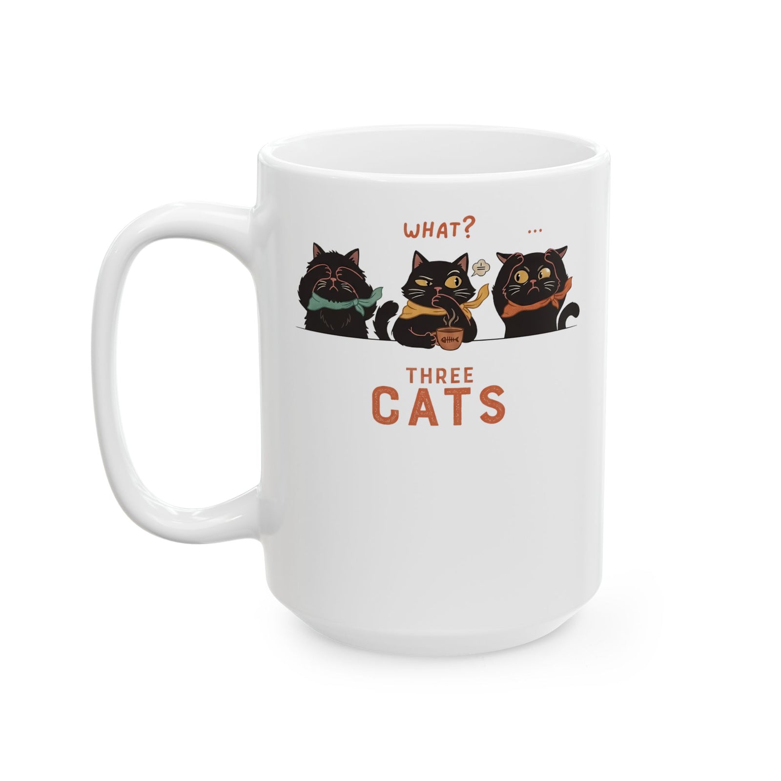 Three Wise Cats Ceramic Mug — Graphic Mug for Cat Lovers