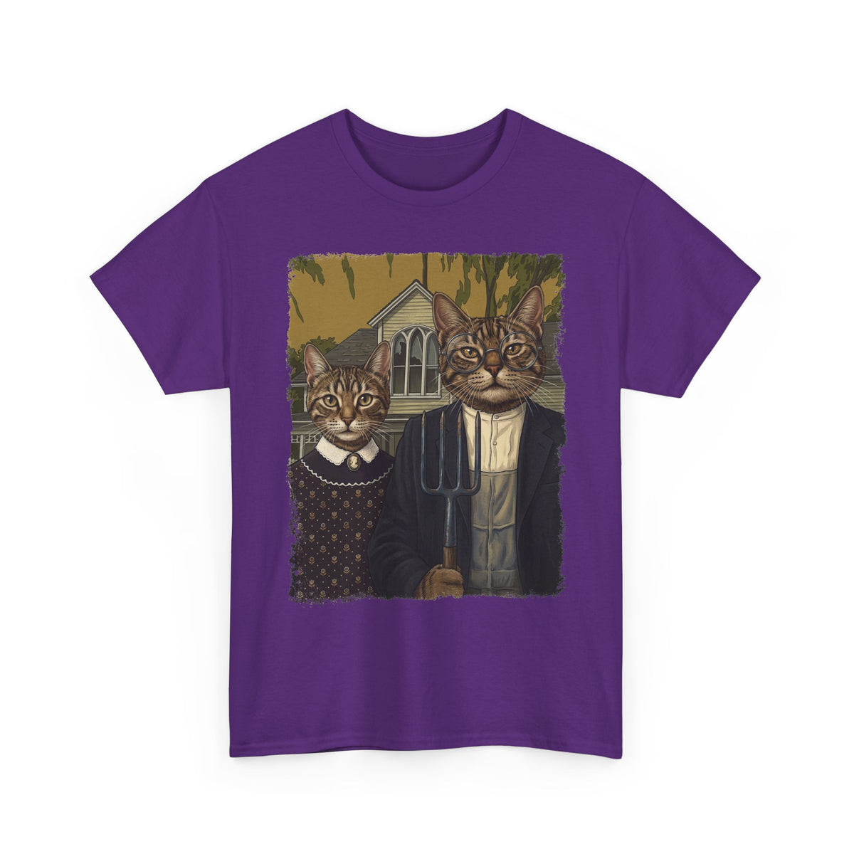 Gothic Cat Couple Tee — Parody ‘American Gothic’ Cat Portrait T-Shirt