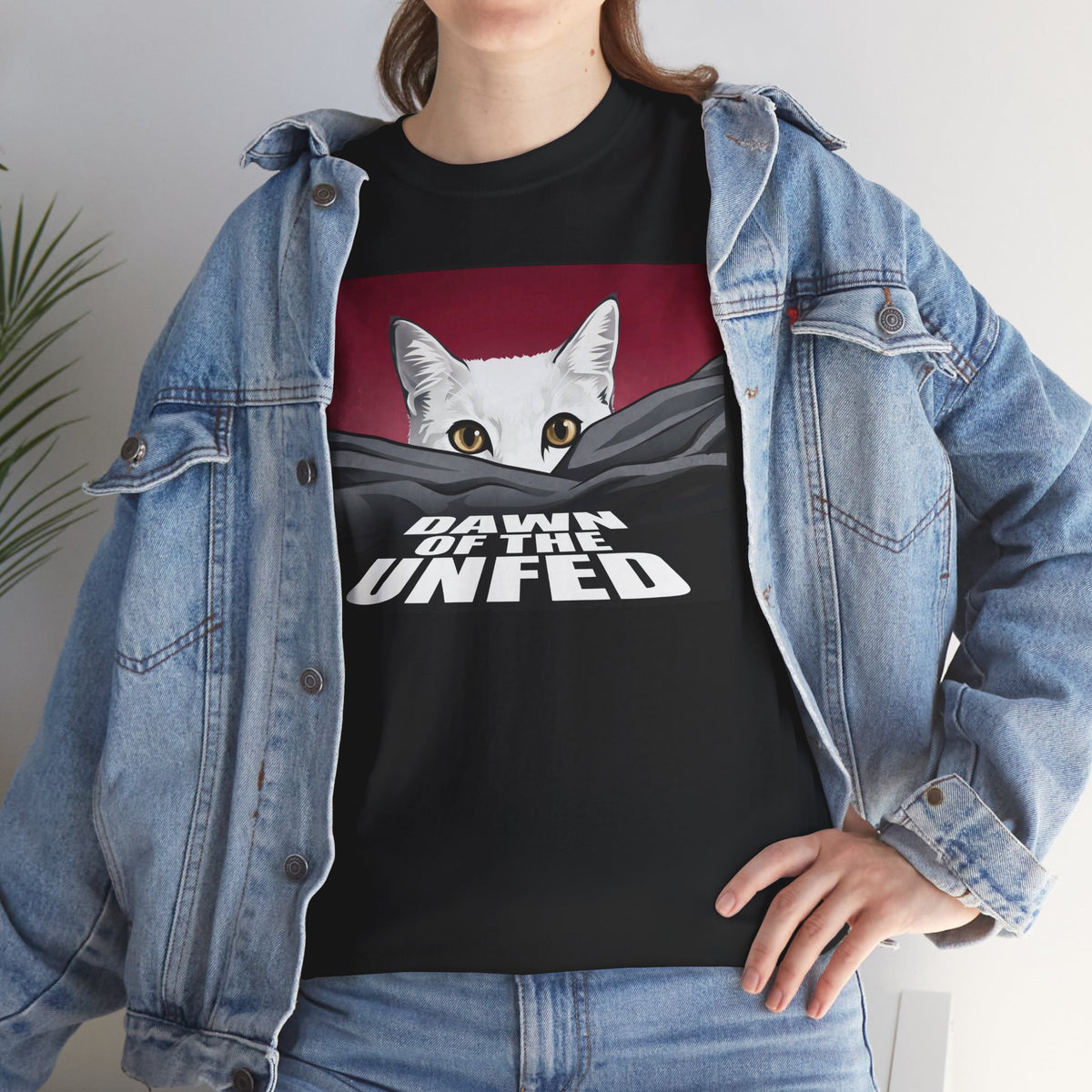 Dawn of the Unfed T-Shirt — Funny White Cat Horror Movie Parody Tee