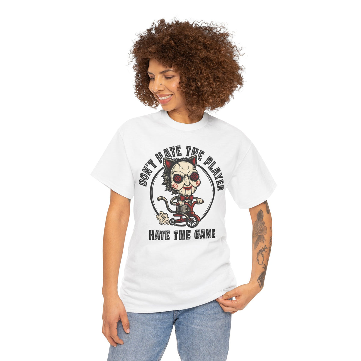 Don't Hate The Player Hate The Game SAW Cat T-Shirt — Funny Jigsaw Puppet Tee
