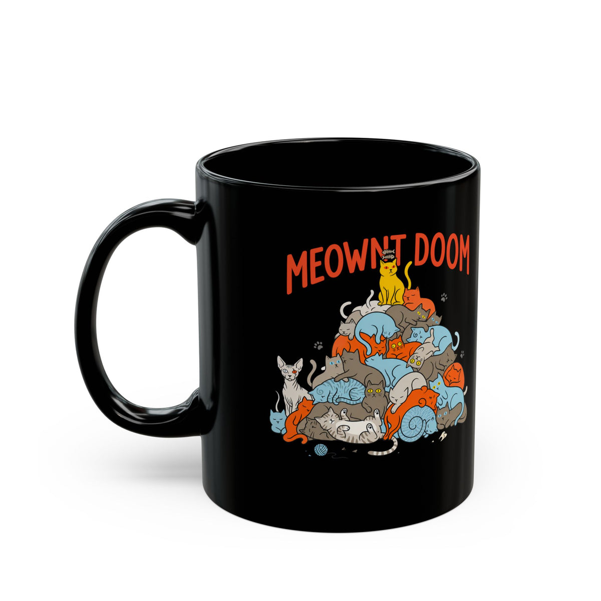 Meownt Doom Black Mug — Funny Cat 'meownt doom' Graphic Mug
