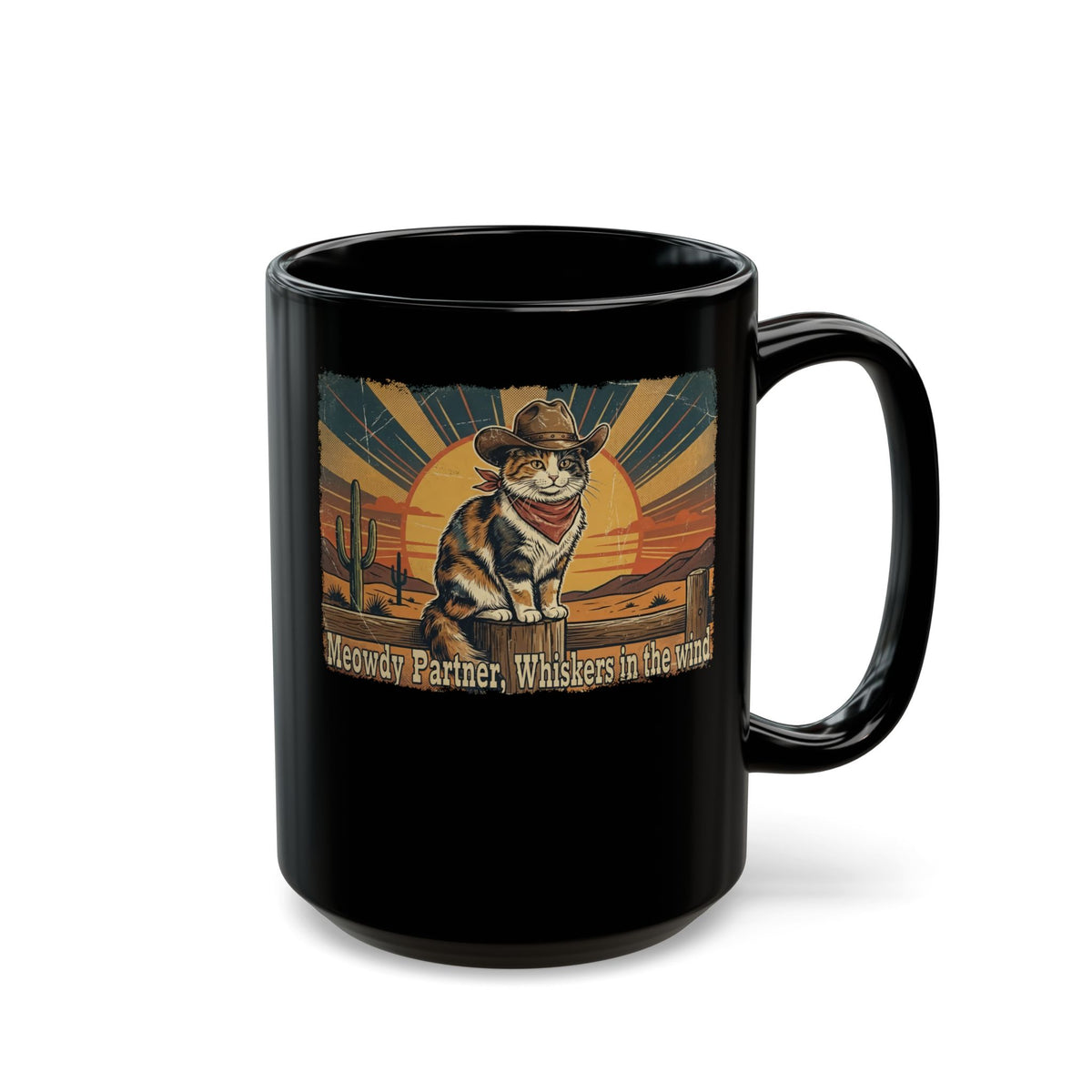 Meowdy Partner Black Mug — Cute Cat Cowboy Graphic Mug