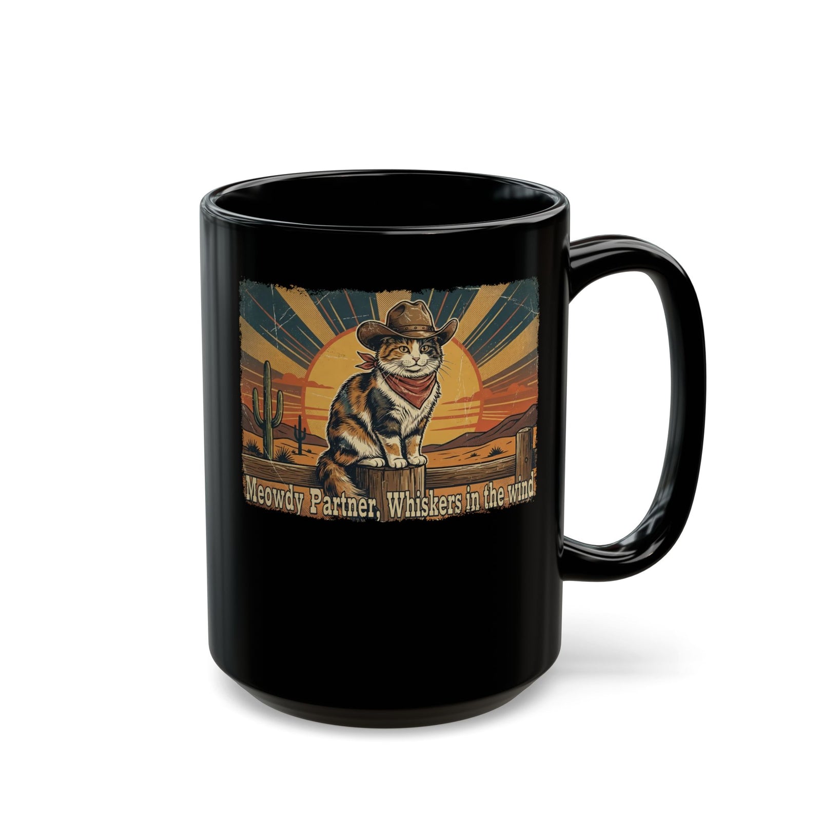 Meowdy Partner Black Mug — Cute Cat Cowboy Graphic Mug