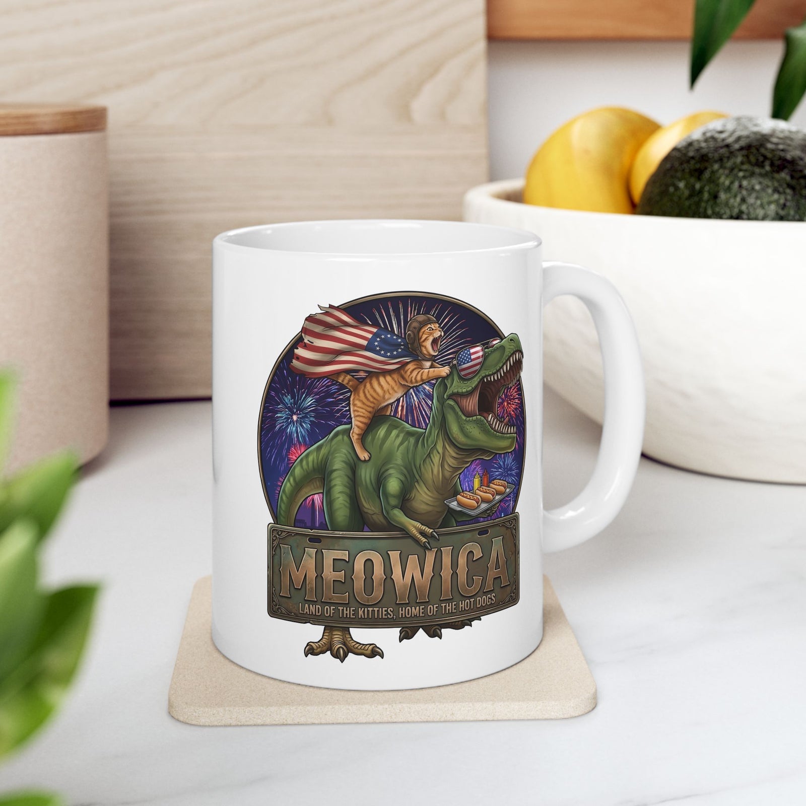 4th of July Cat Riding T‑Rex T‑Mug "Meowica: Land of the Kitties" Patriotic Graphic