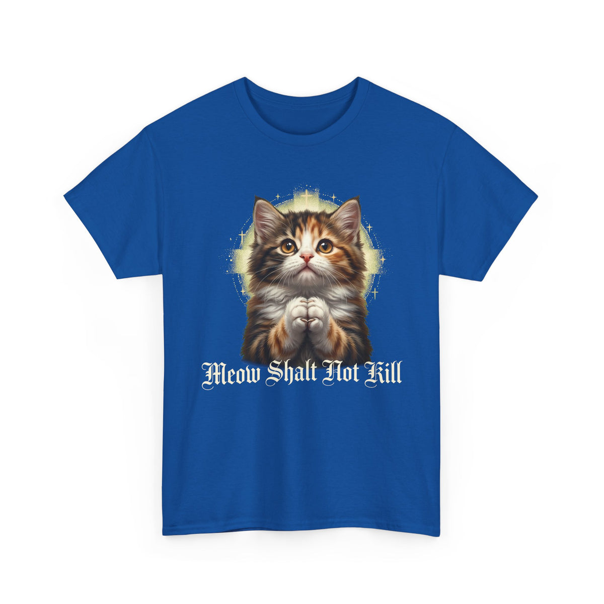 Praying Kitten T‑Shirt — "Meow Shalt Not Kill" Cute Vintage Cat Tee