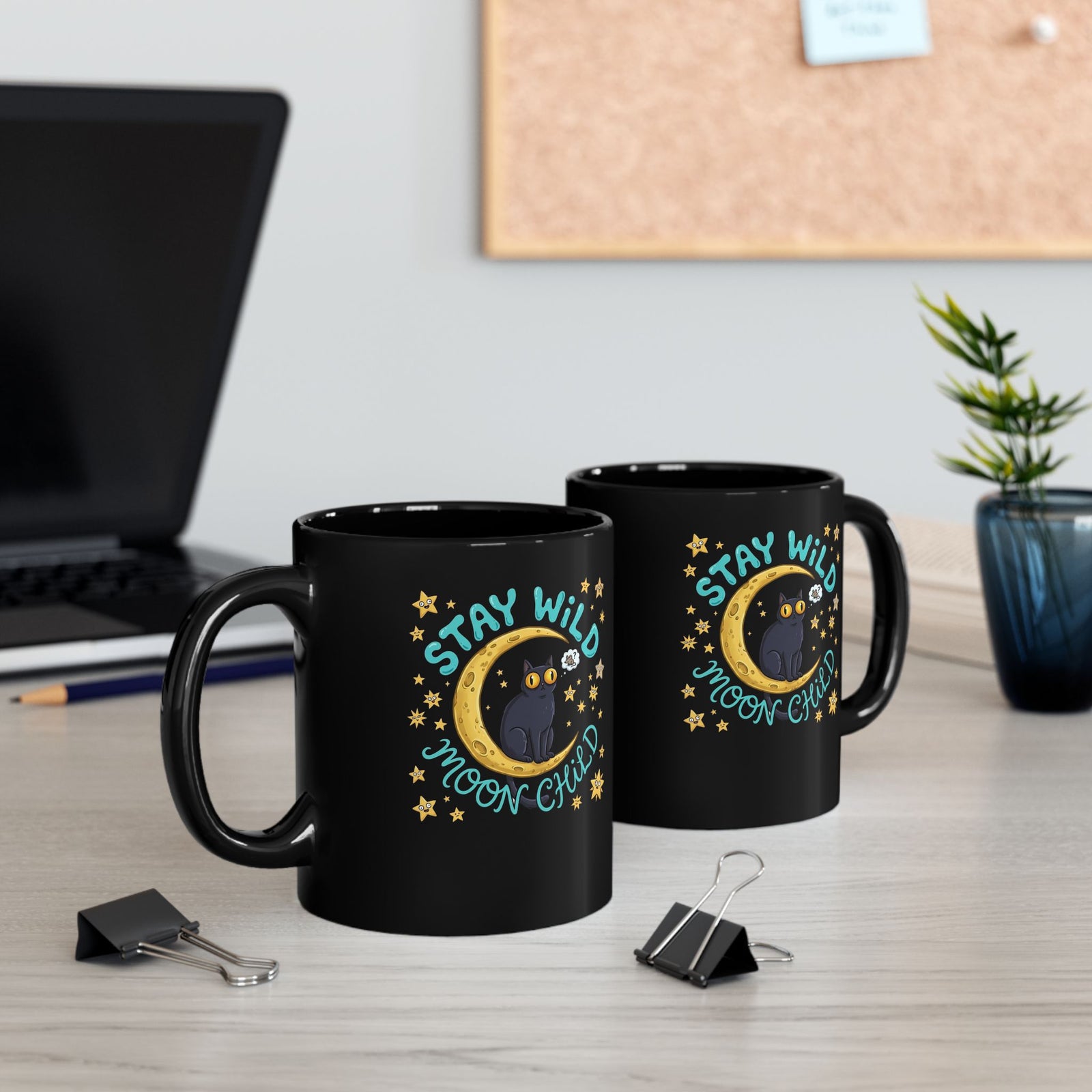 Cat 'Stay Wild Moon Child' Black Mug