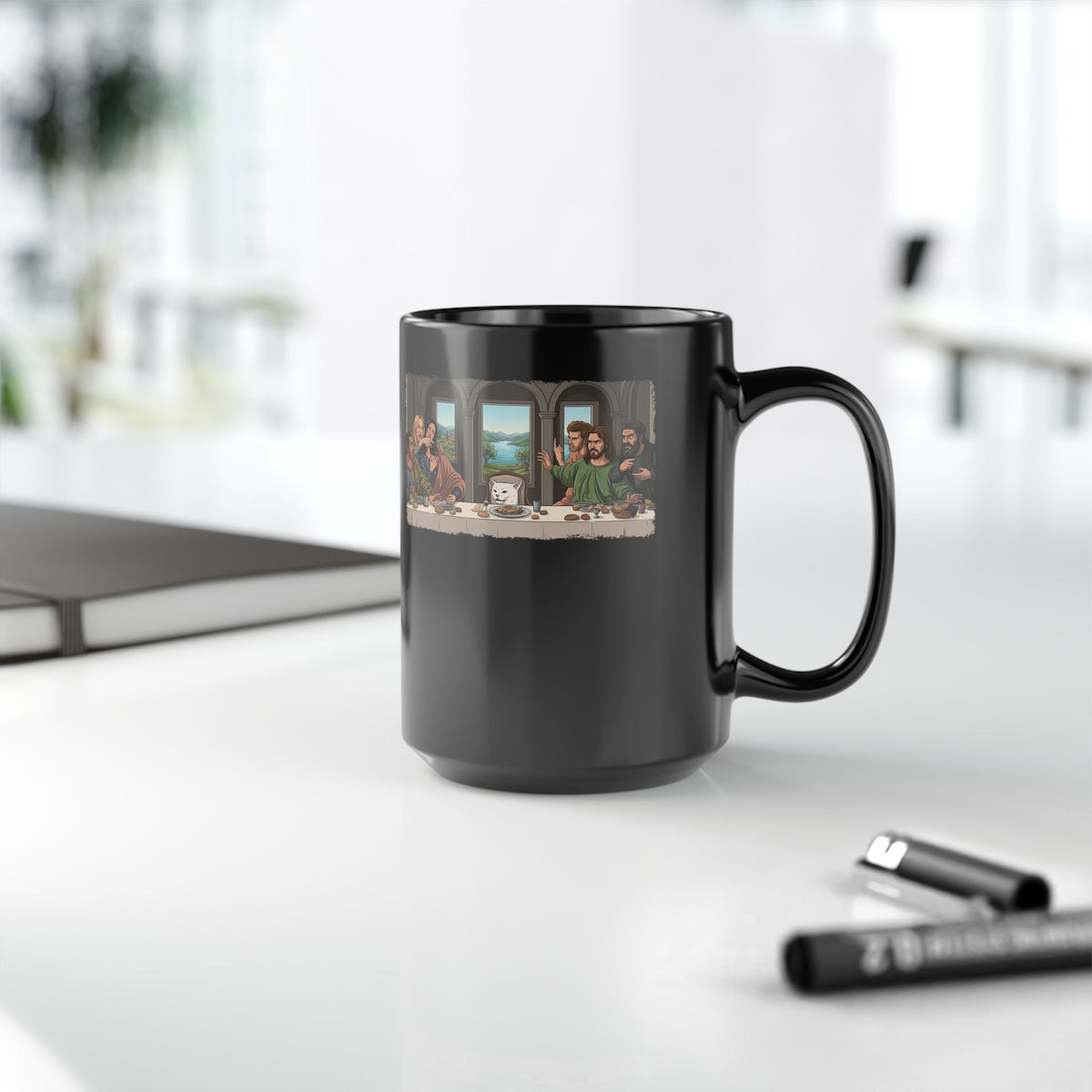 Last Supper x Woman Yelling at Cat Mug — Funny Religious Art Mashup Black Mug