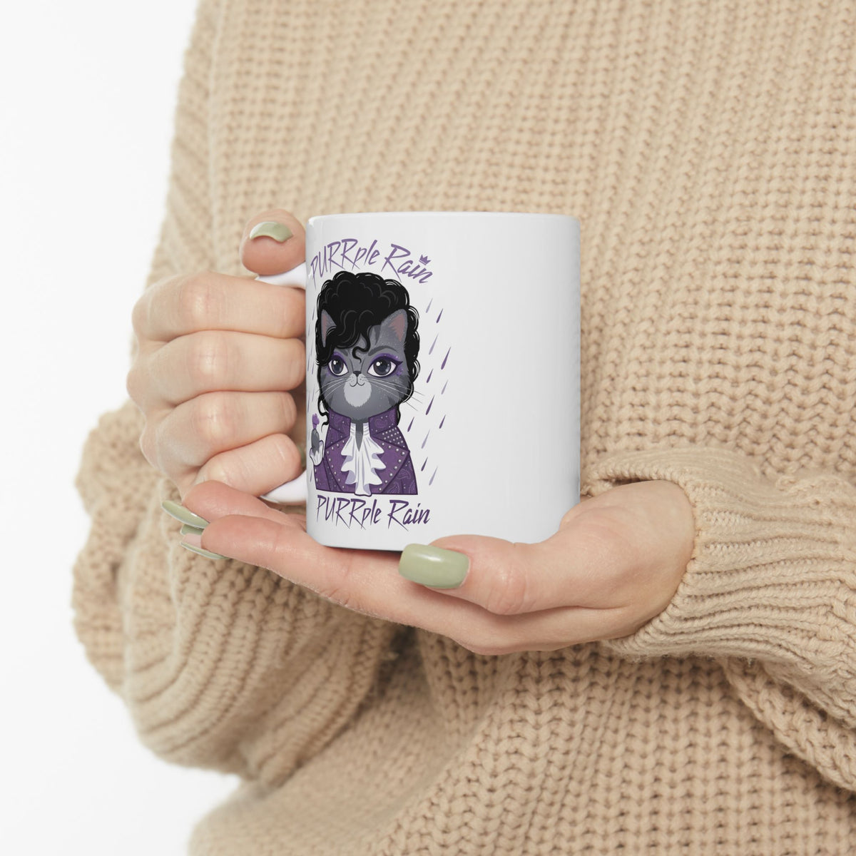 Purrple Rain Cat Parody Ceramic Mug — Cute Cat 'Purrple Rain' Graphic Mug