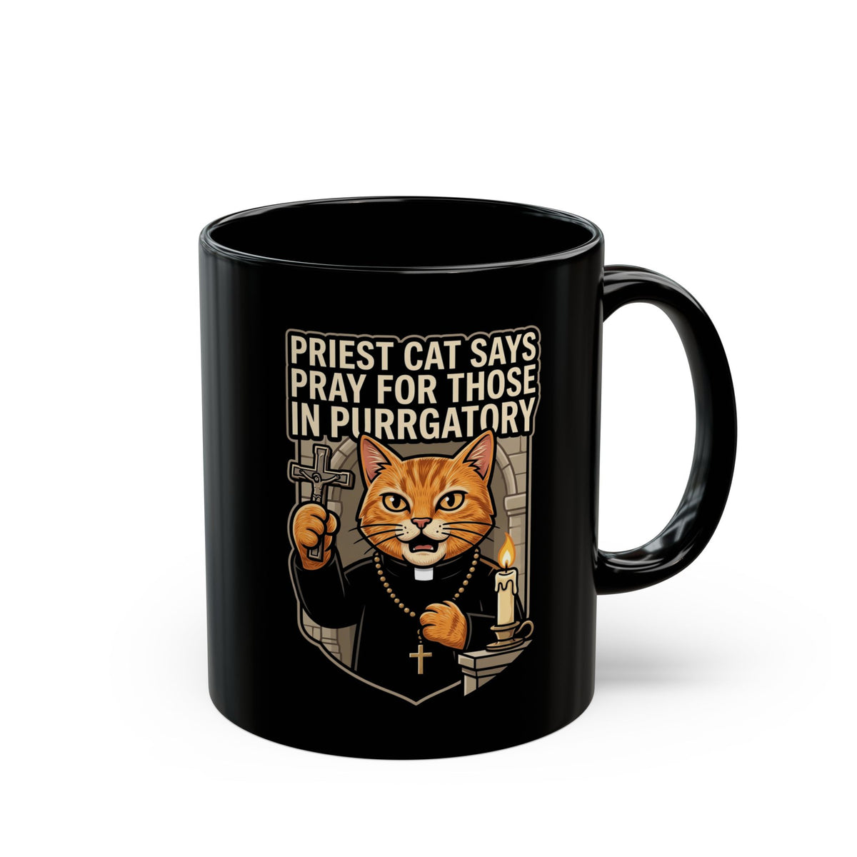Priest Cat 'Pray For Those In Purratory' Black Mug