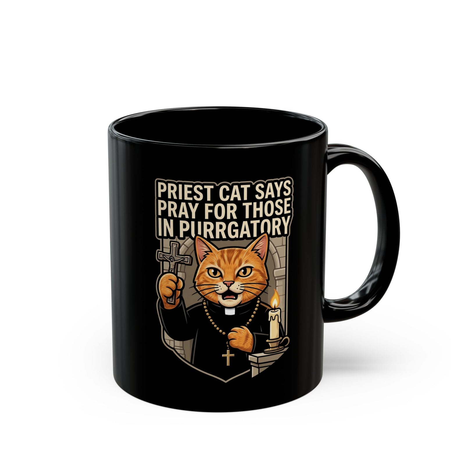 Priest Cat 'Pray For Those In Purratory' Black Mug