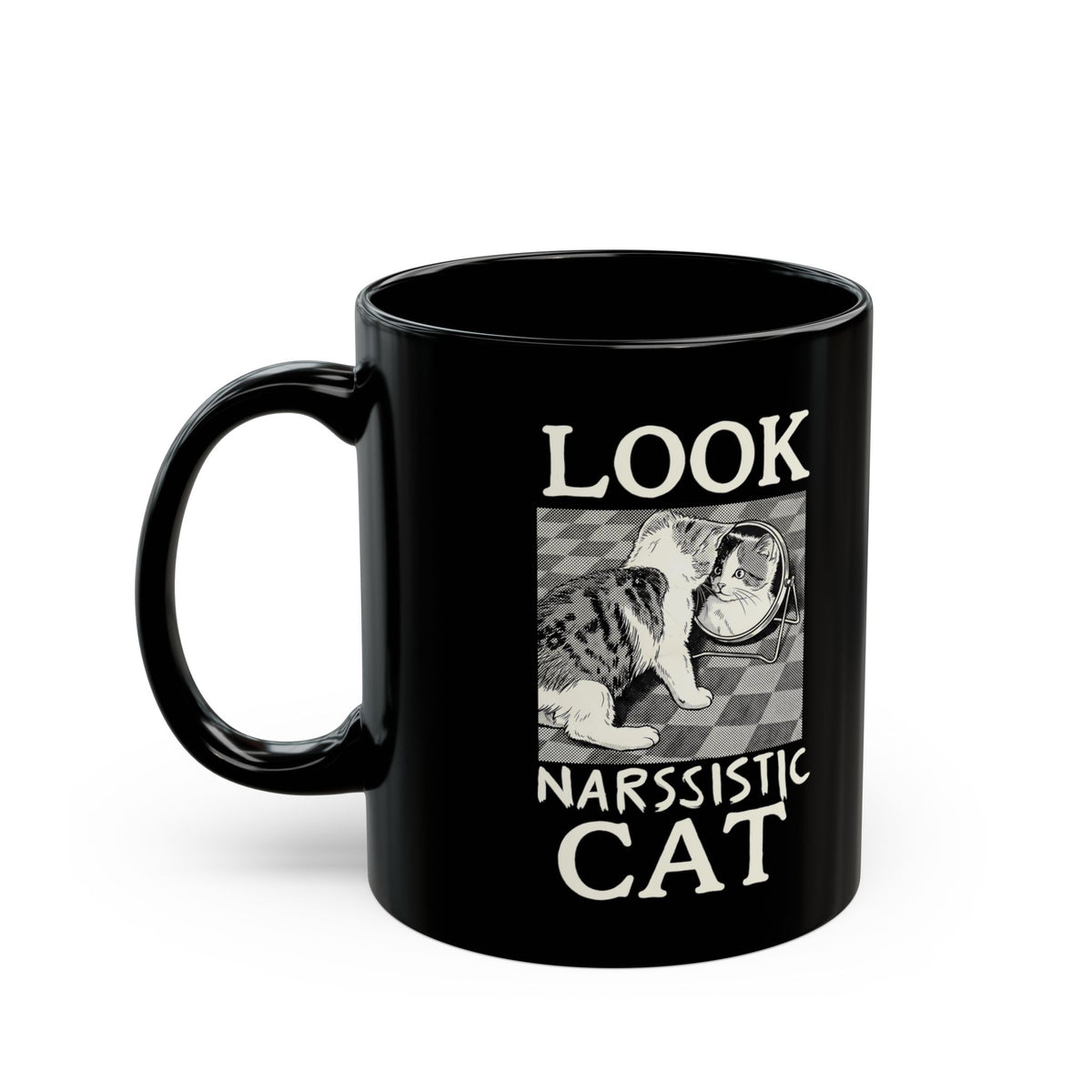 Look Narssistic Cat Black Mug — Funny Mirror Reflection Tabby Mug