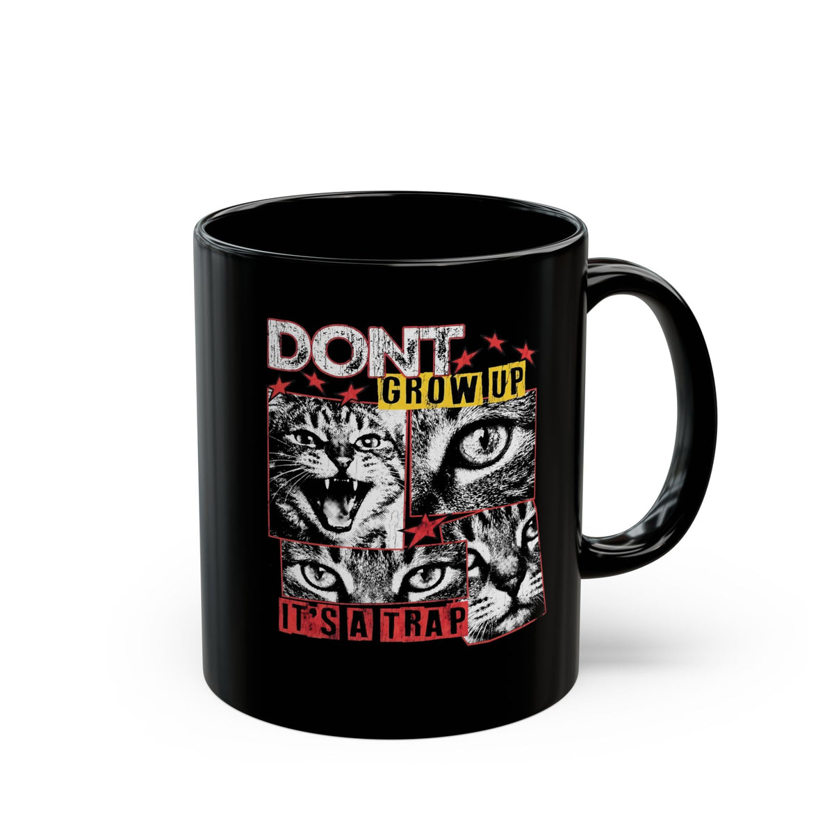 Don't Grow Up It's A Trap Black Mug — Funny Grunge Black and White Cat Mug
