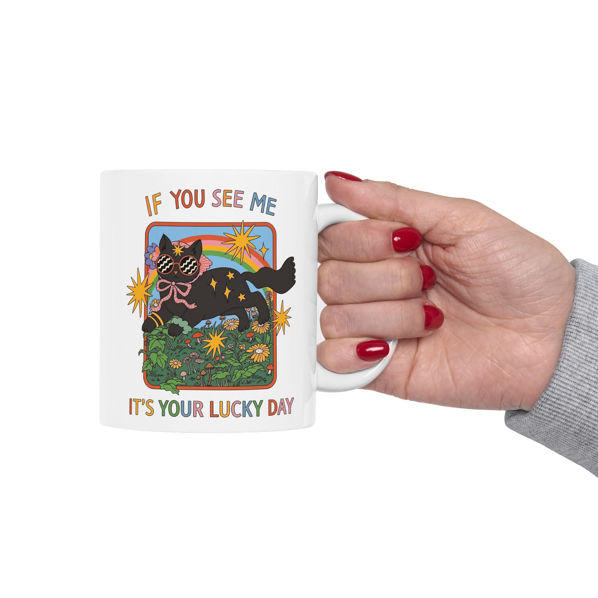 If You See Me It's Your Lucky Day Ceramic Mug — Retro Groovy Black Cat Rainbow Graphic Mug