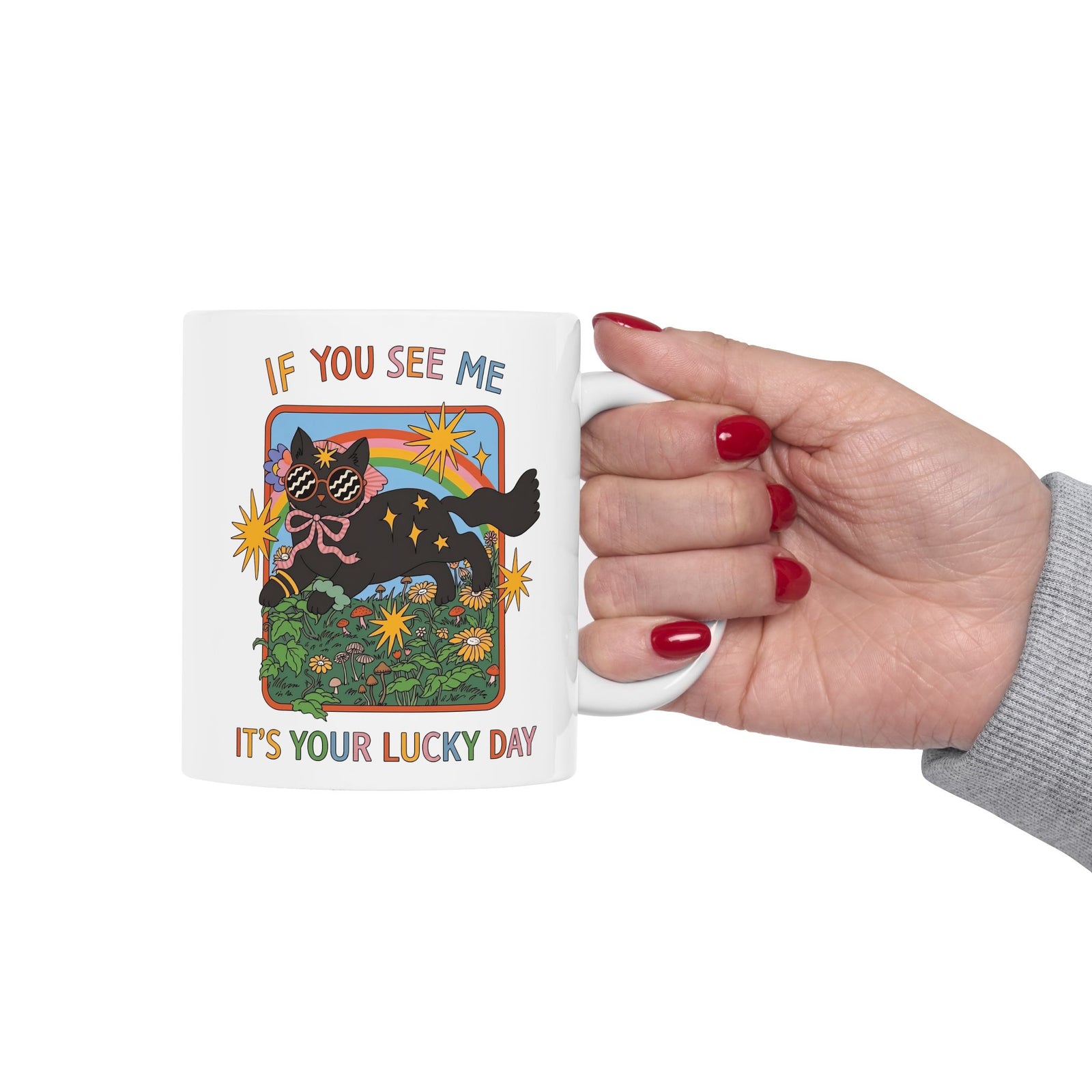 If You See Me It's Your Lucky Day Ceramic Mug — Retro Groovy Black Cat Rainbow Graphic Mug