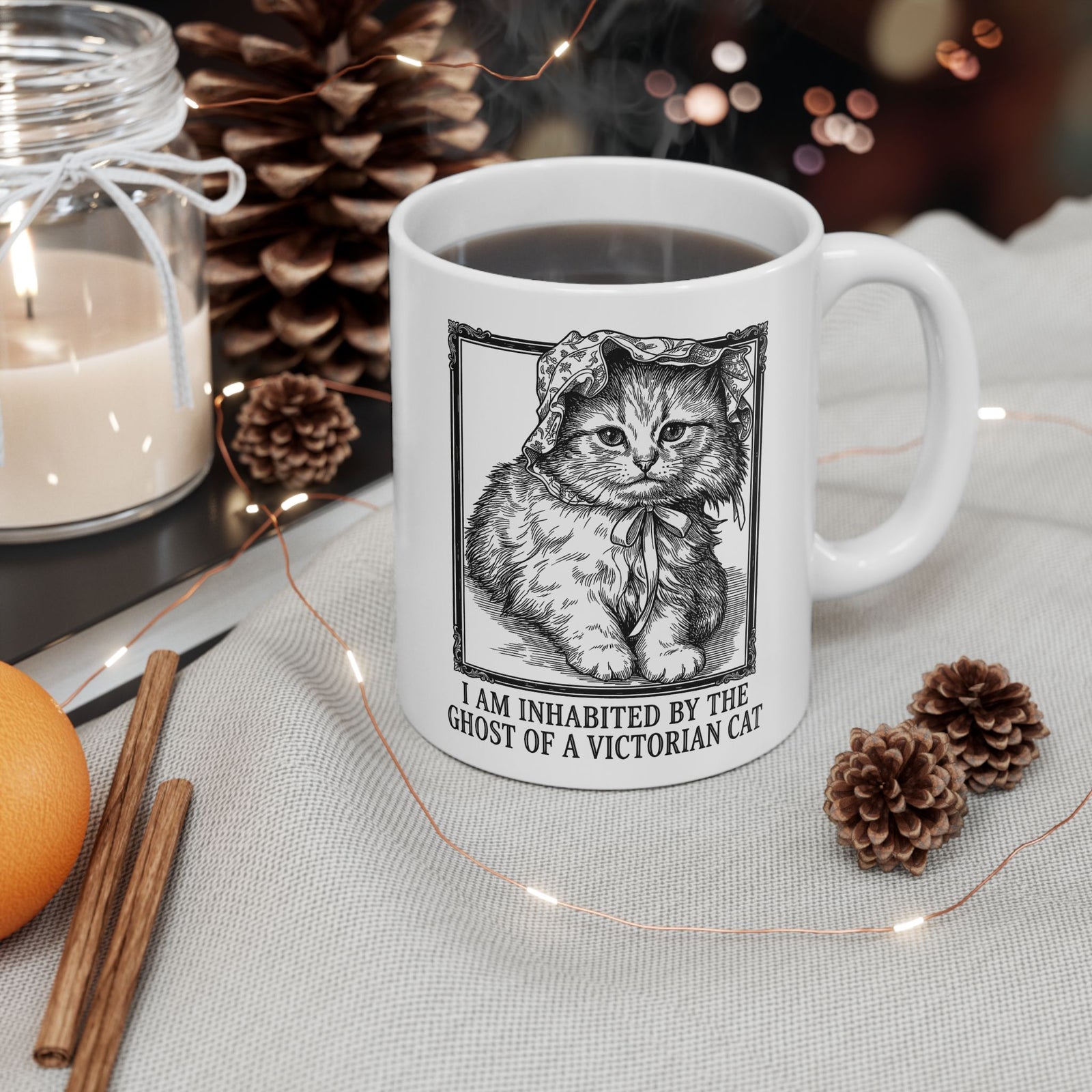 Victorian Cat Mug — “I Am Inhabited by the Ghost of a Victorian Cat” Graphic Mug
