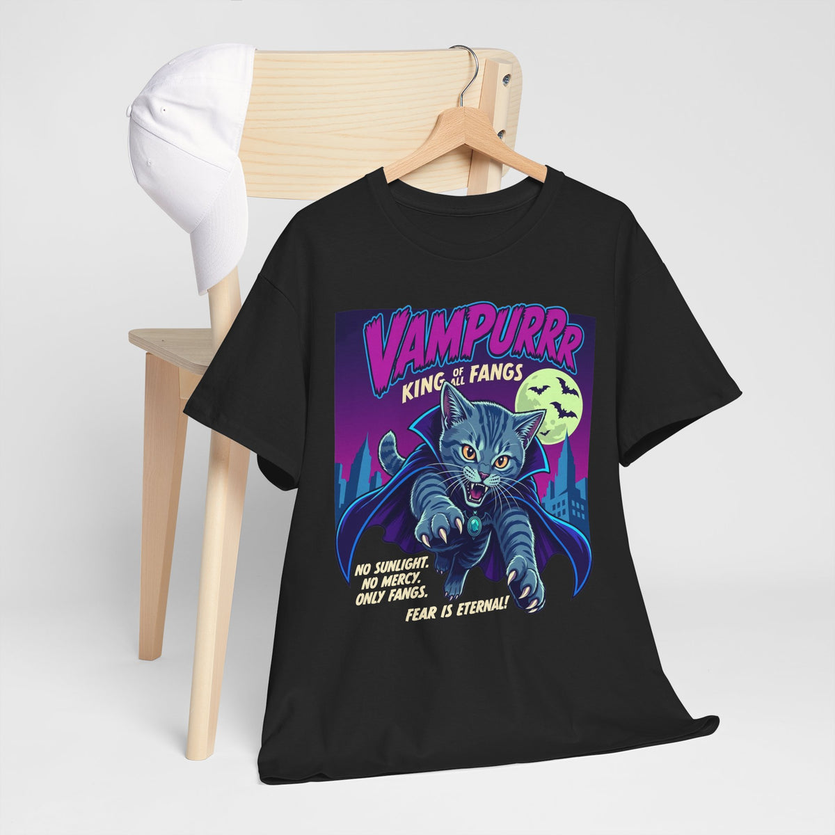 Vampurrr King of Fangs Cat T-Shirt — Retro Vampire Cat Graphic Tee