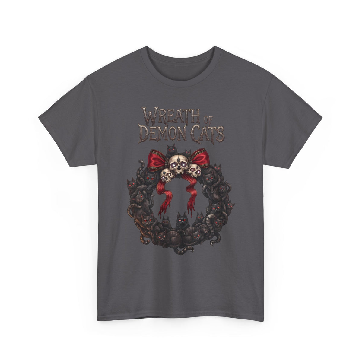 Wreath Of Demon Cats T-Shirt — Gothic Black Cat Skull Wreath Tee