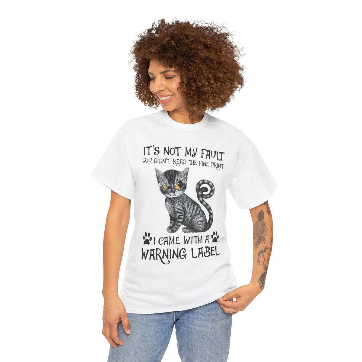 Cat Warning Label T-Shirt — "It's Not My Fault I Came With a Warning Label" Cute Funny Cat Tee