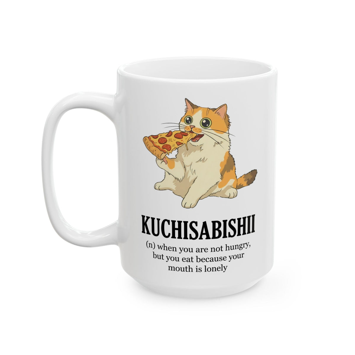 Kuchisabishii Lonely Mouth Ceramic Mug — Funny Cat Eating Pizza Mug