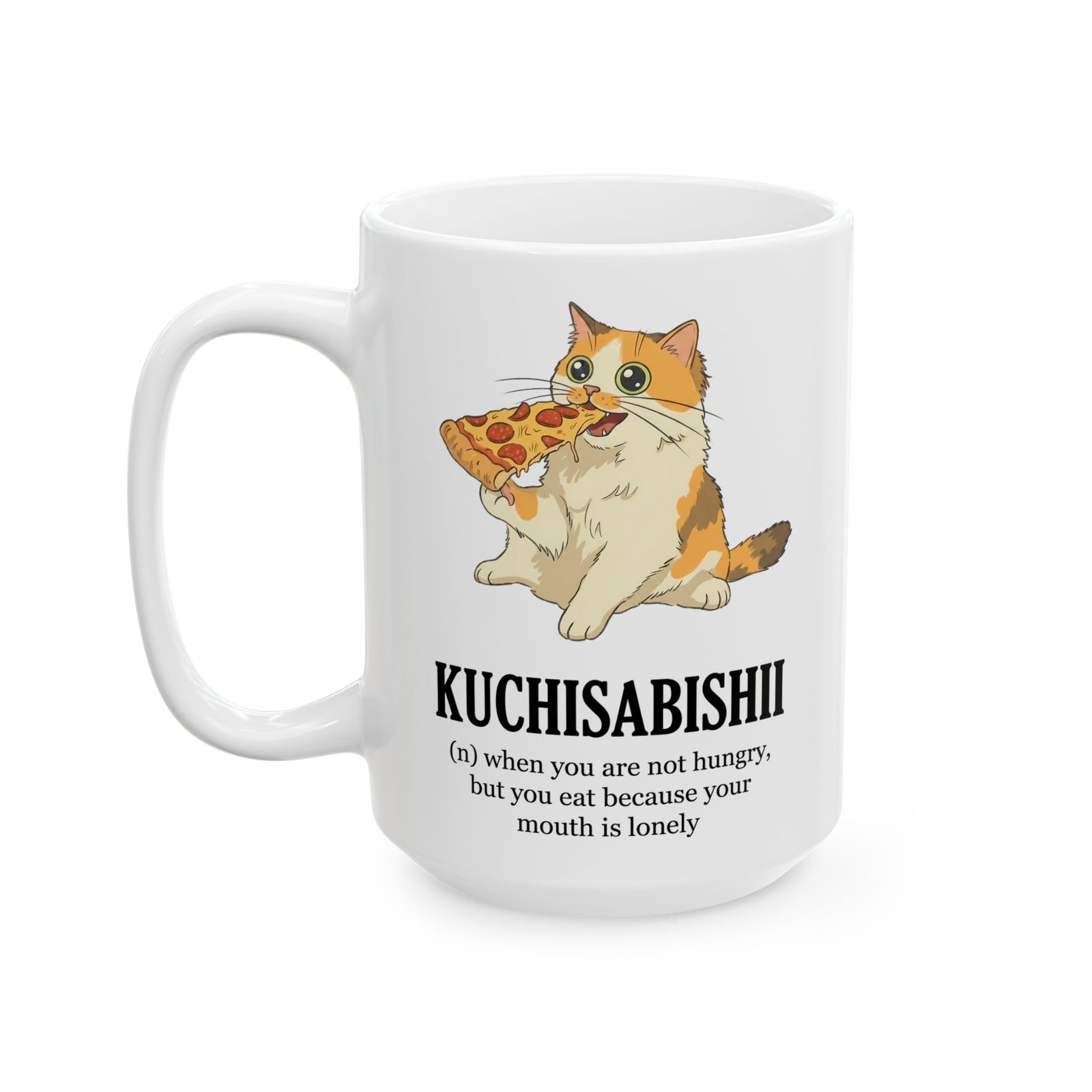Kuchisabishii Lonely Mouth Ceramic Mug — Funny Cat Eating Pizza Mug