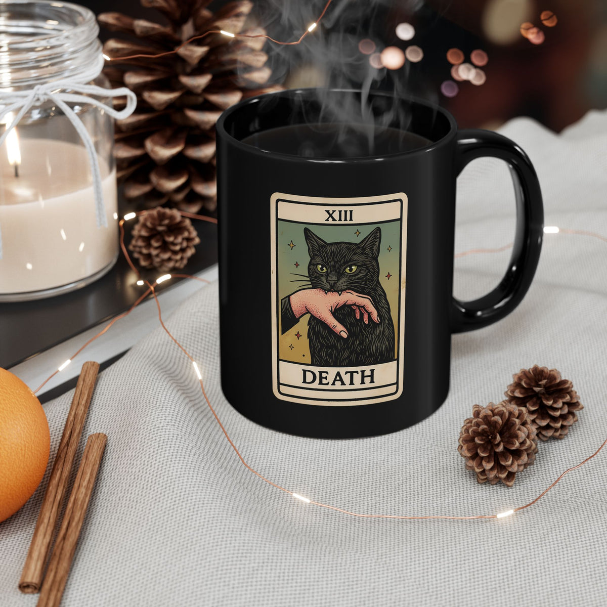 "Death" Tarot Card Black Cat Biting Hand Funny Black Mug