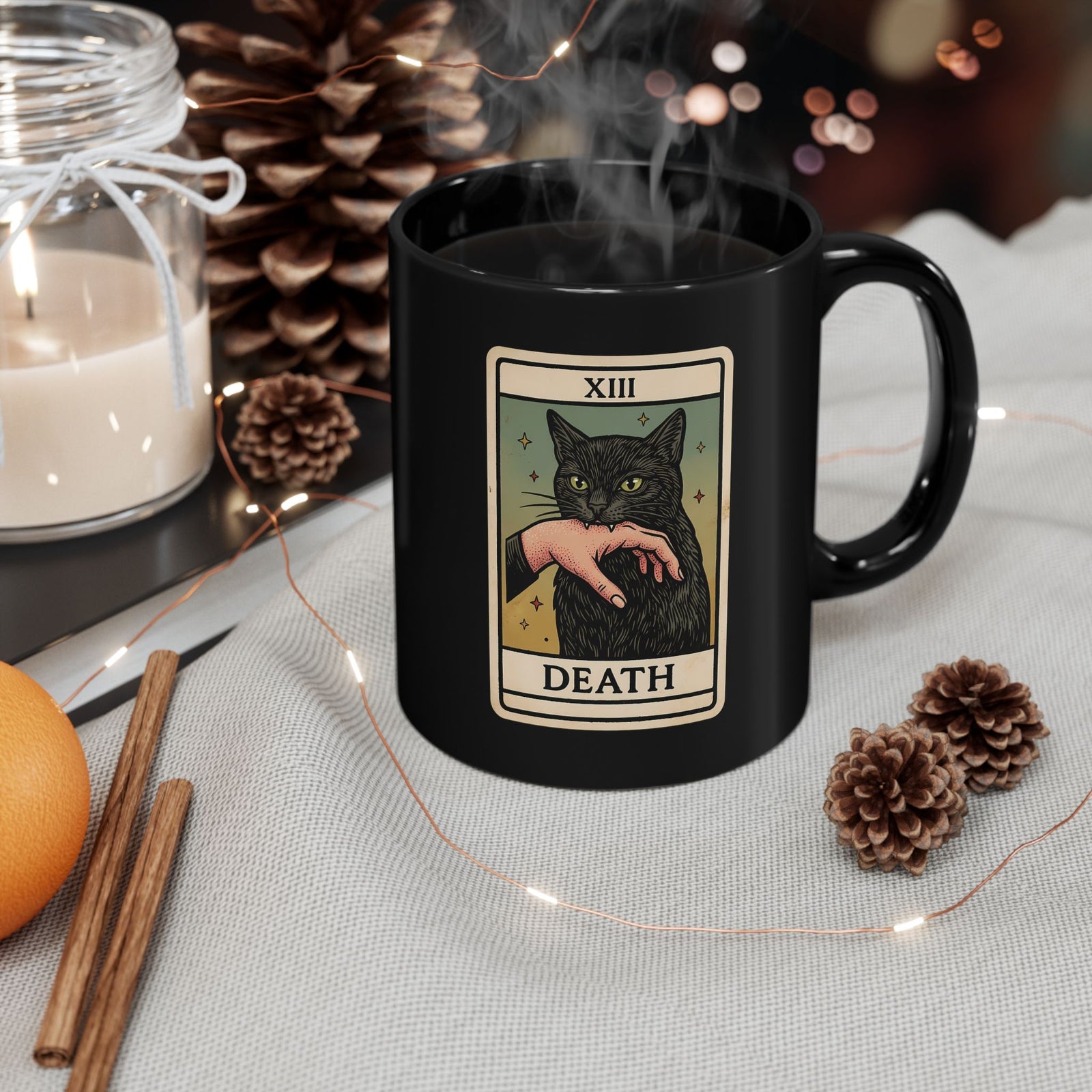 "Death" Tarot Card Black Cat Biting Hand Funny Black Mug