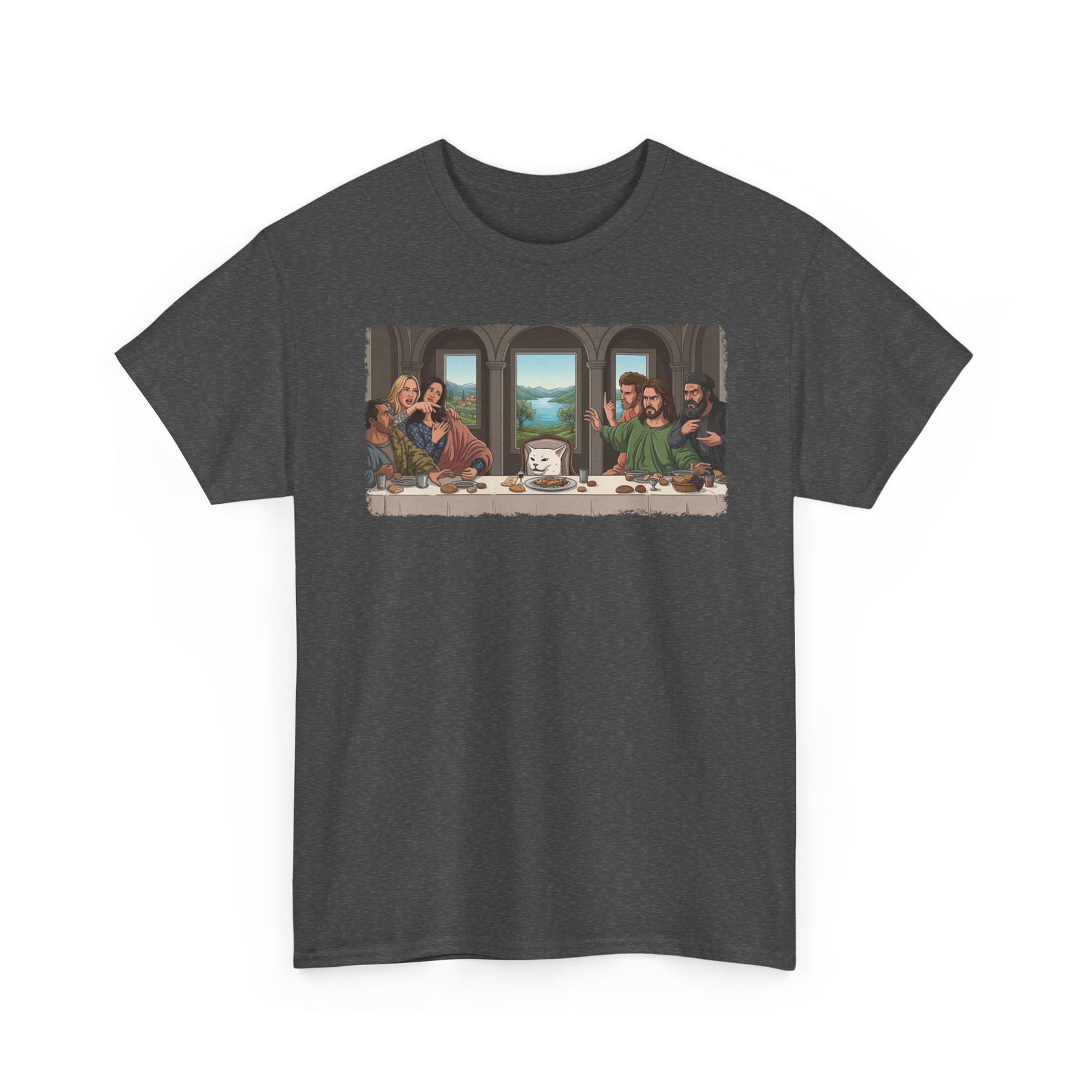 Last Supper x Woman Yelling at Cat Tee — Funny Religious Art Mashup T-Shirt